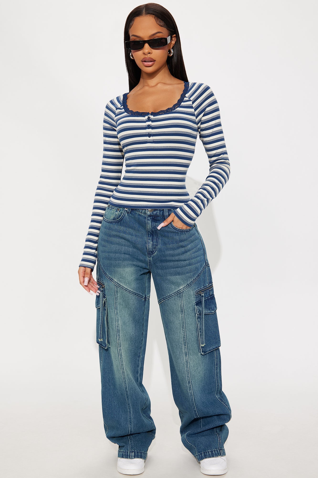 Myrtie Long Sleeve Henley Top - Navy/combo