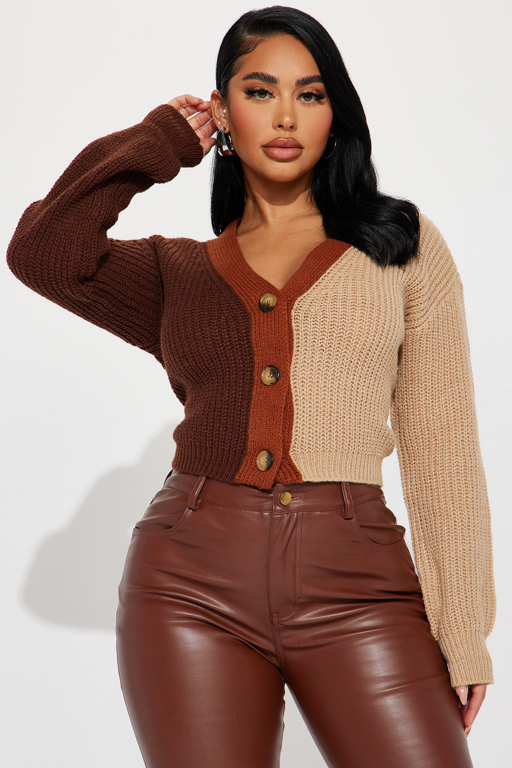 Katja Color Block Cropped Cardigan - Brown/combo