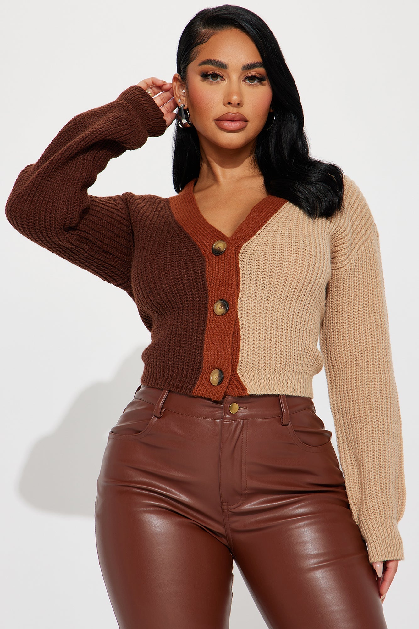 Katja Color Block Cropped Cardigan - Brown/combo