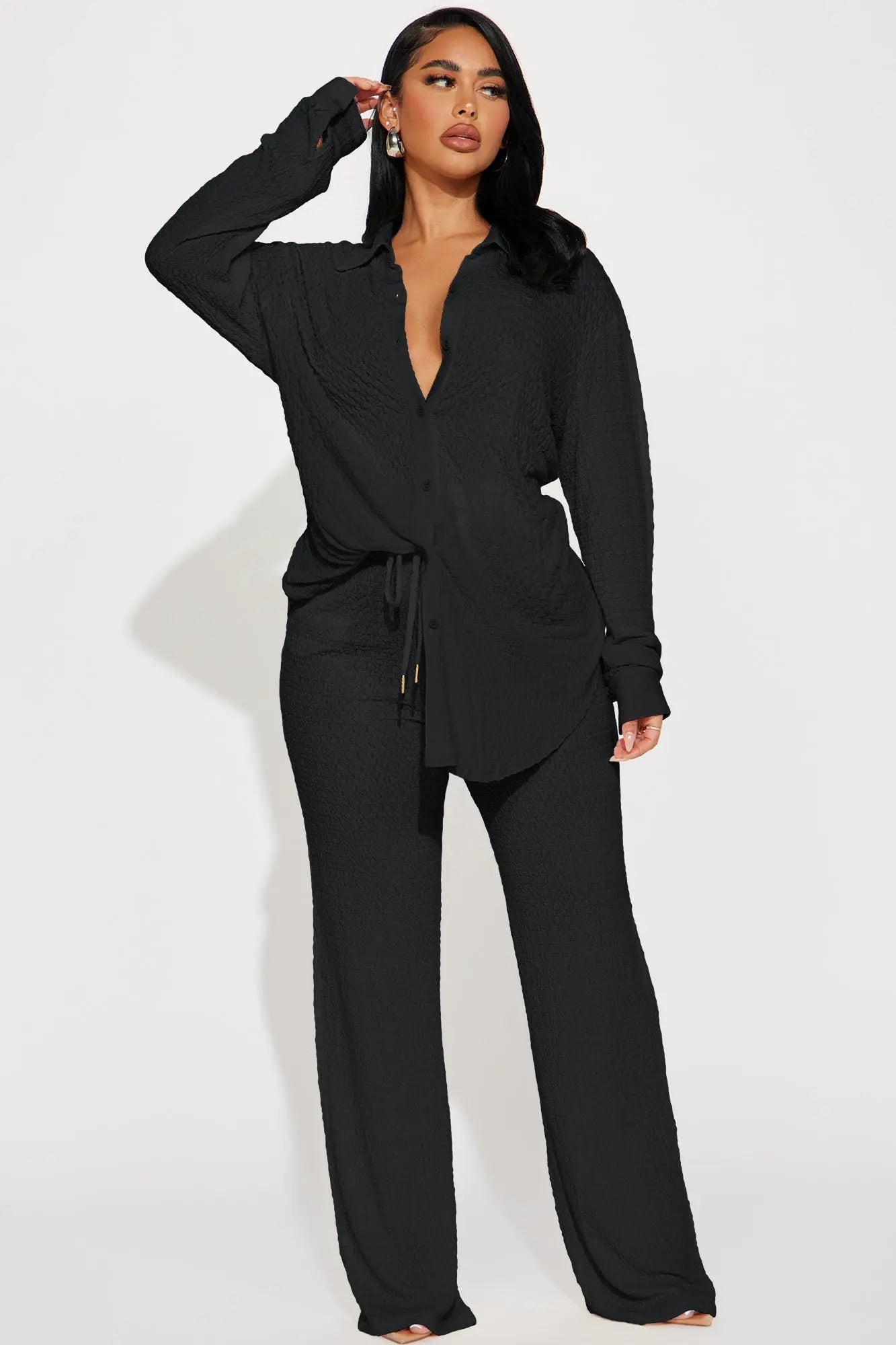 Fly With Me Textured Pant Set - Black 