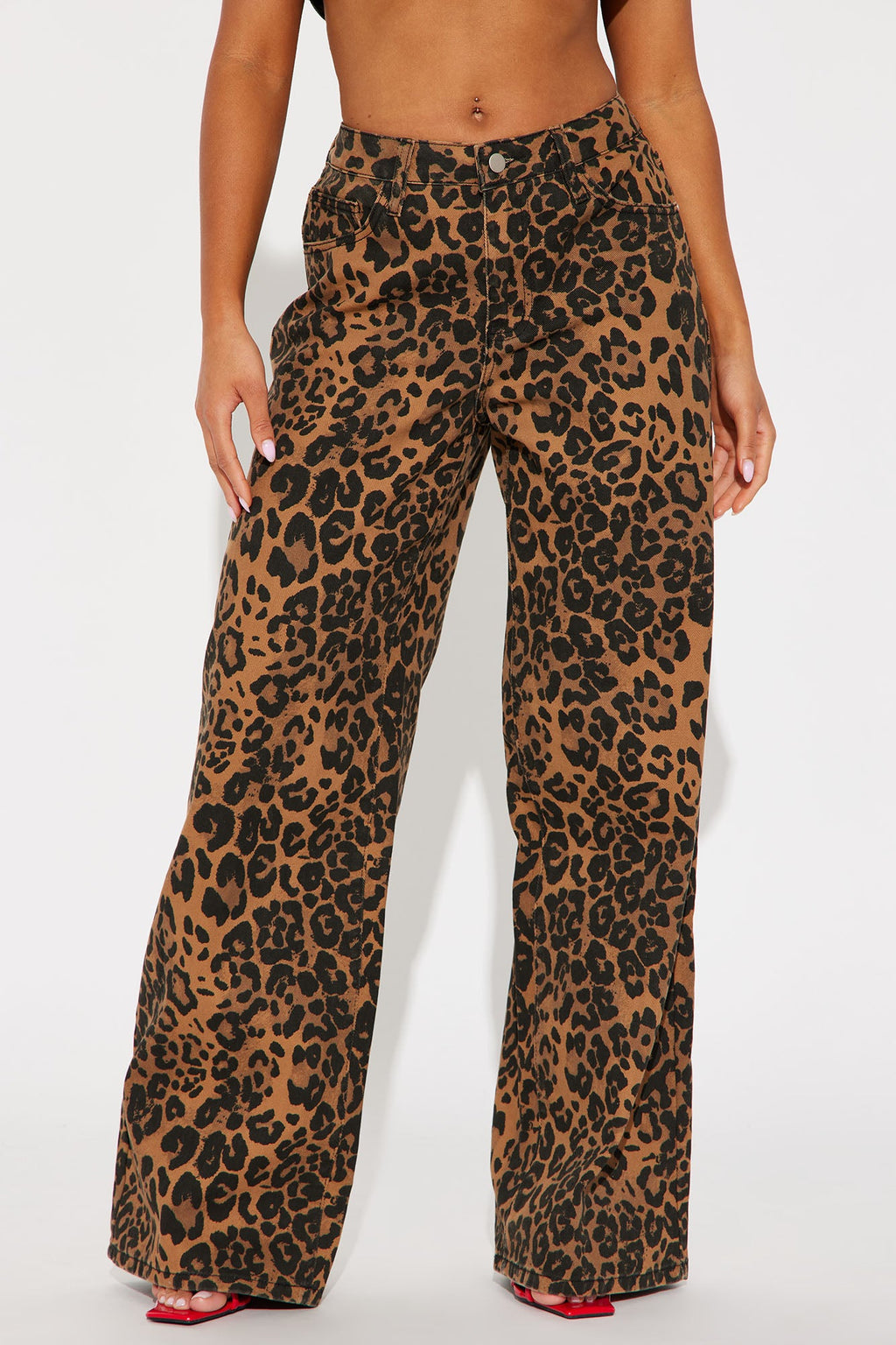She's A Wild One Leopard Print Wide Leg Jeans - Brown Combo