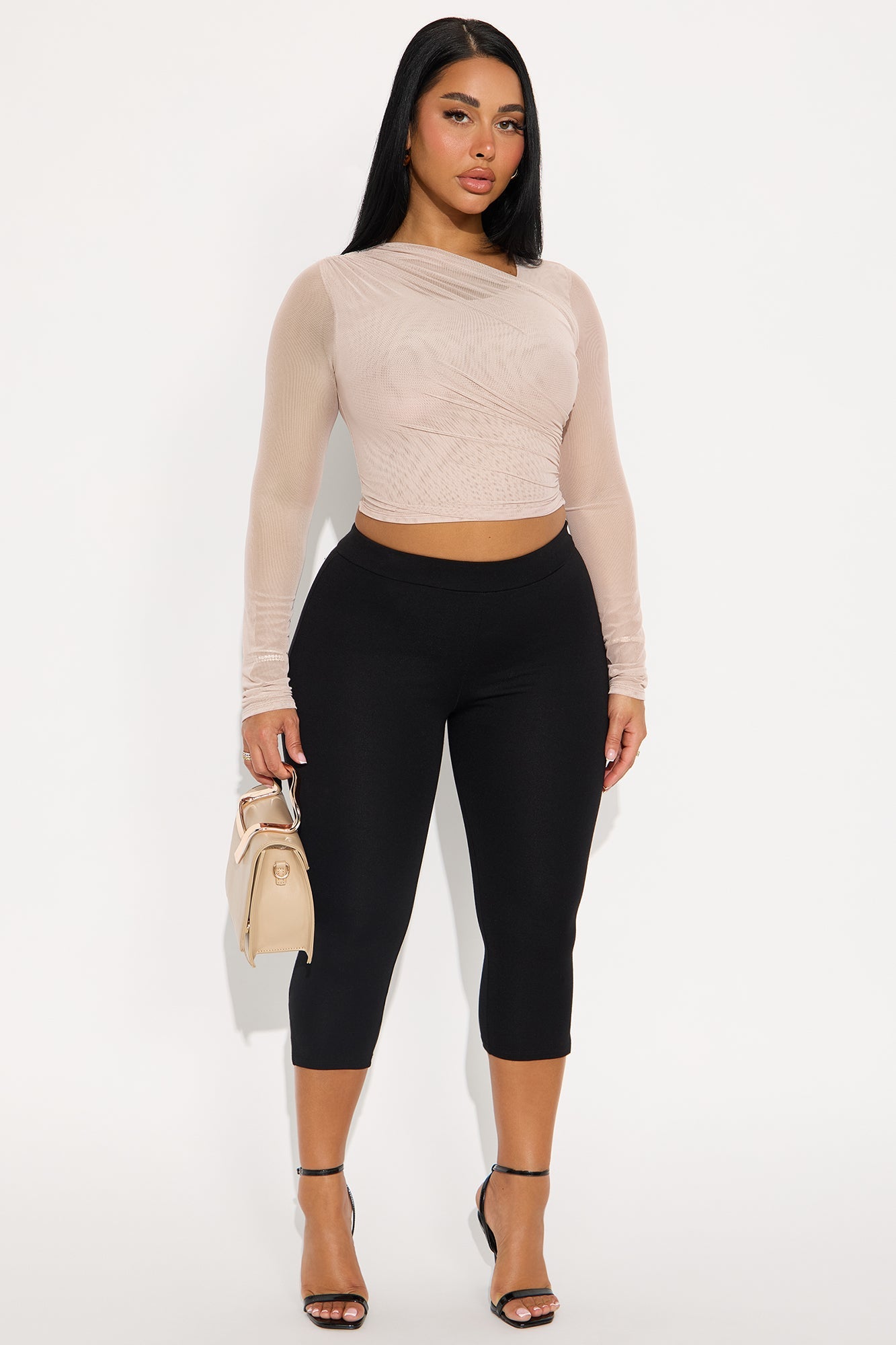 Julane Ruched Long Sleeve Mesh Top - Stone