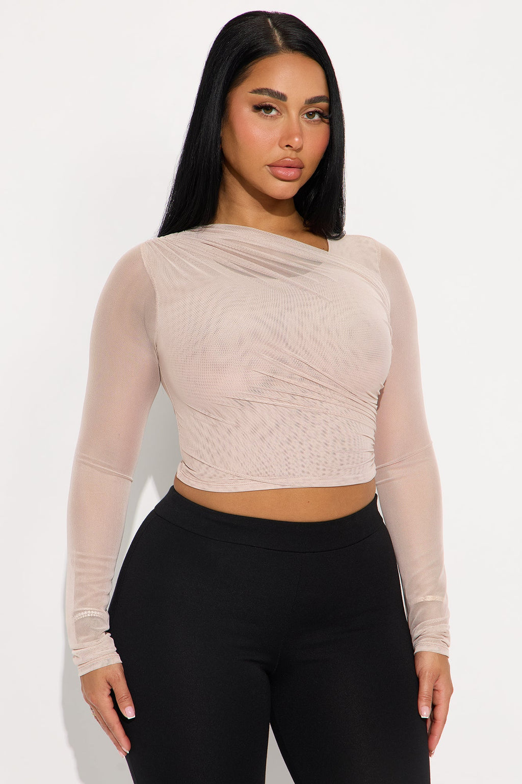 Julane Ruched Long Sleeve Mesh Top - Stone