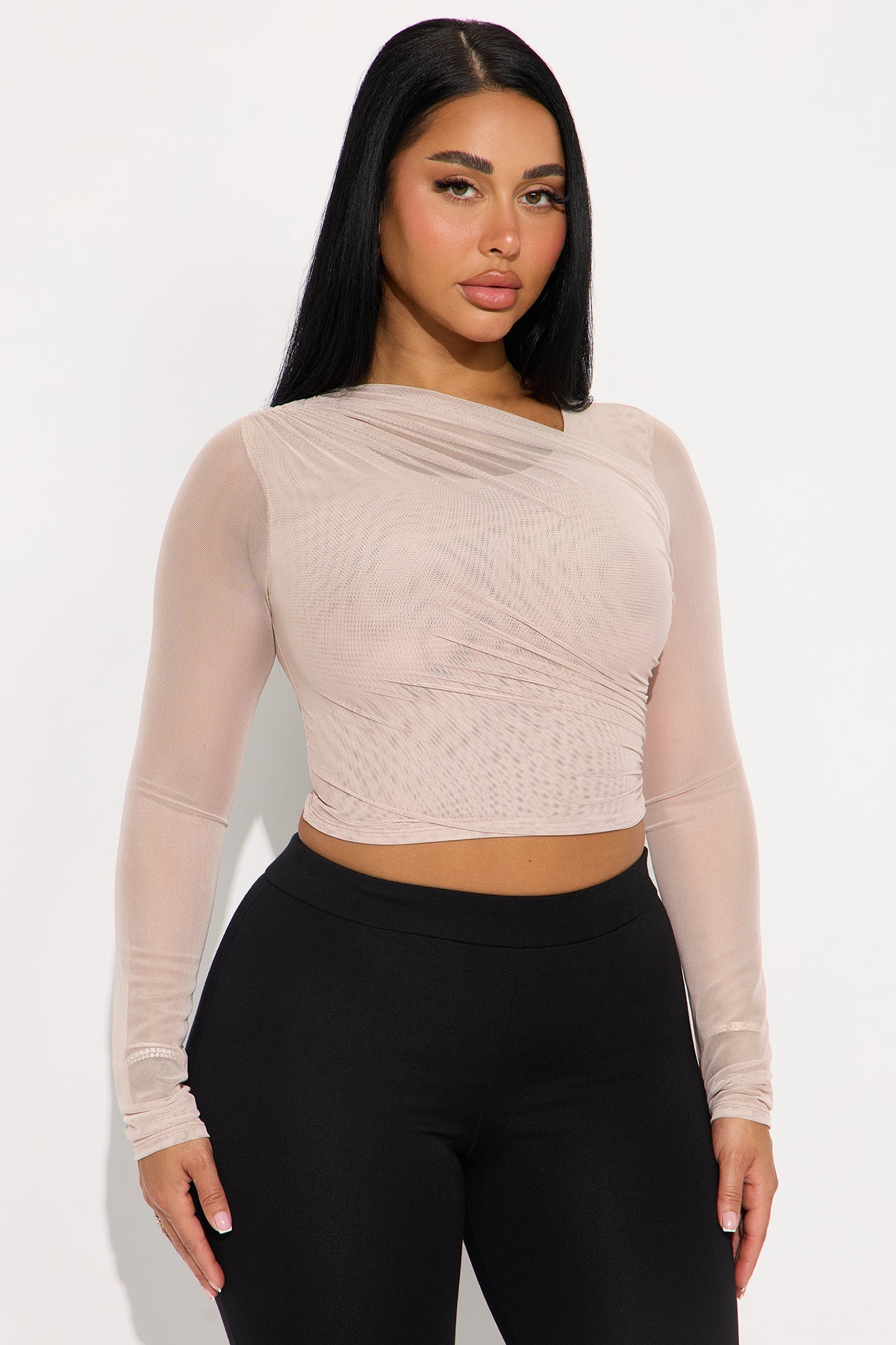Julane Ruched Long Sleeve Mesh Top - Stone