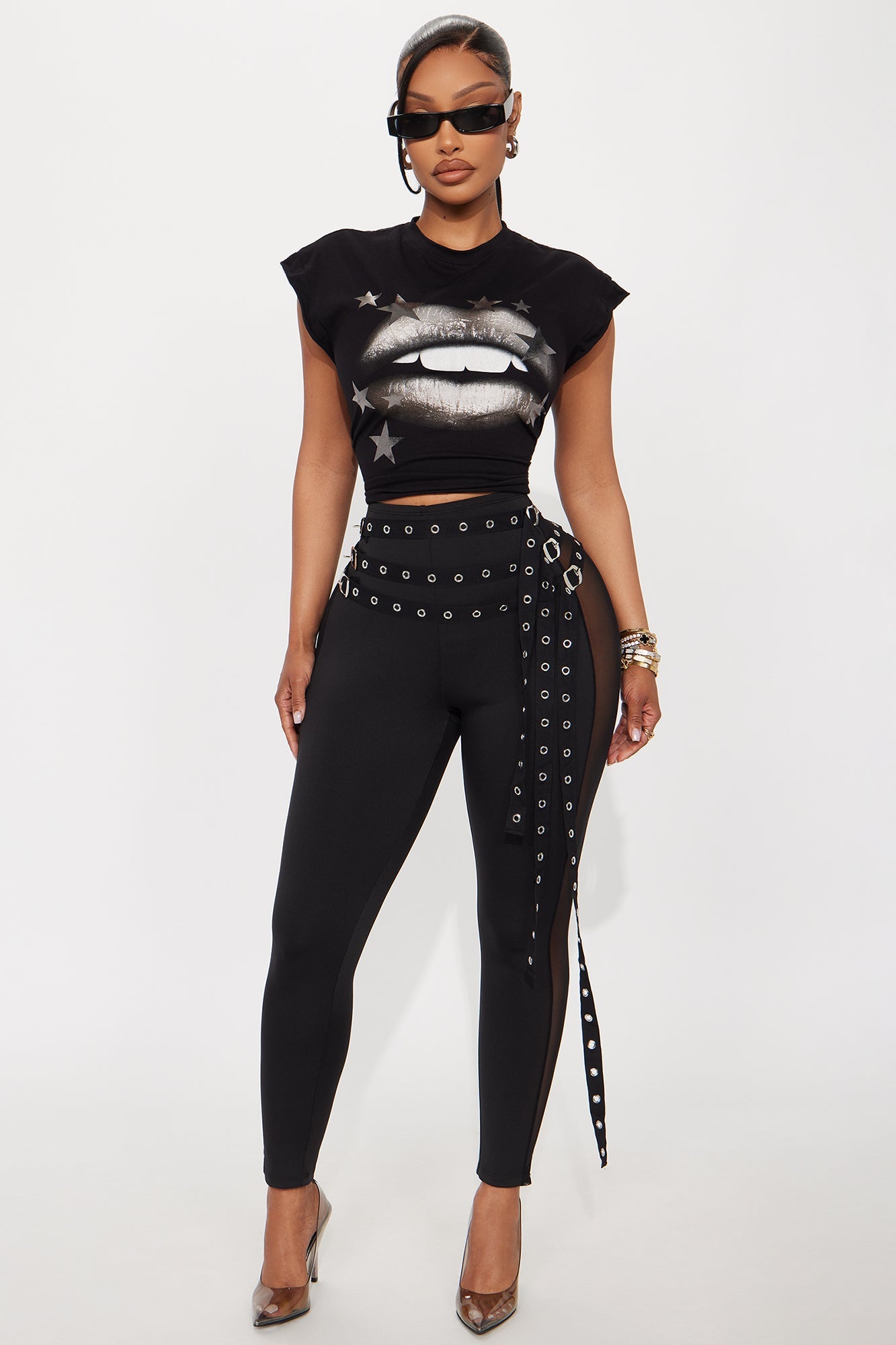 Gia Belted Mesh Capri Legging - Black