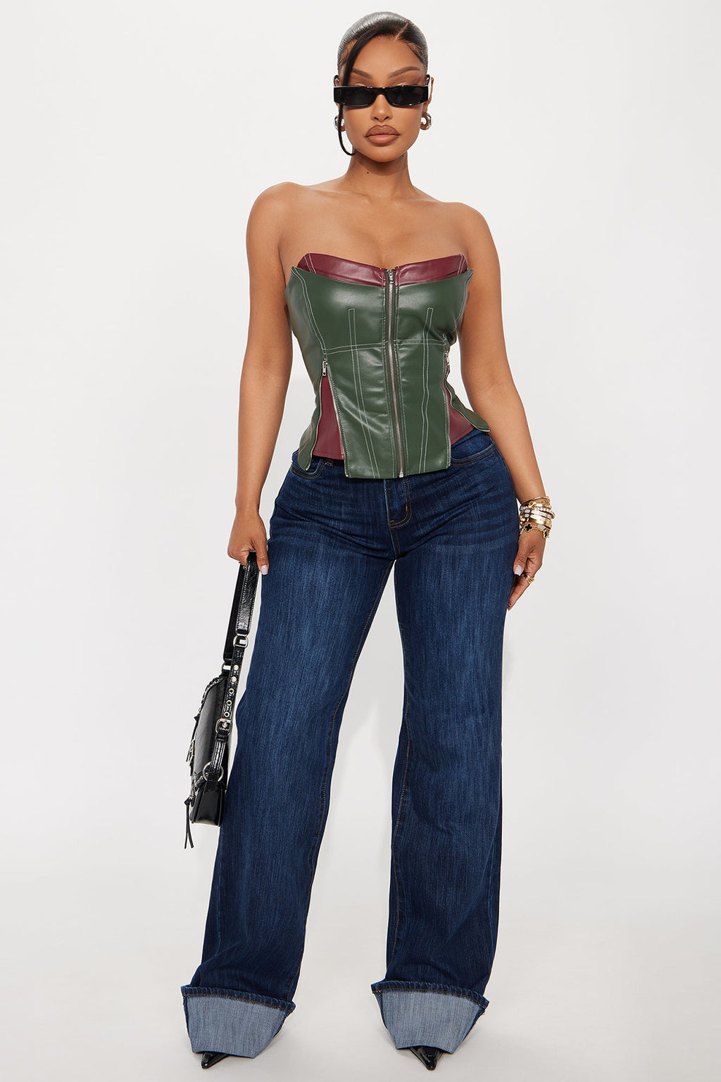 Past Midnight Faux Leather Zip Up Corset Top - Olive/combo
