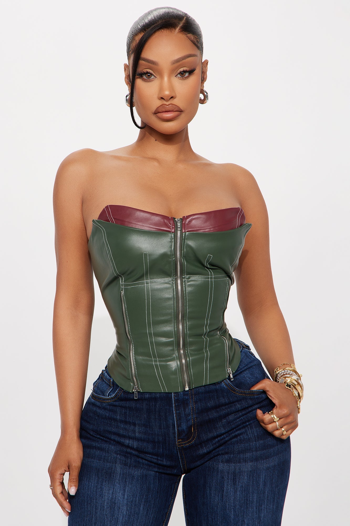 Past Midnight Faux Leather Zip Up Corset Top - Olive/combo