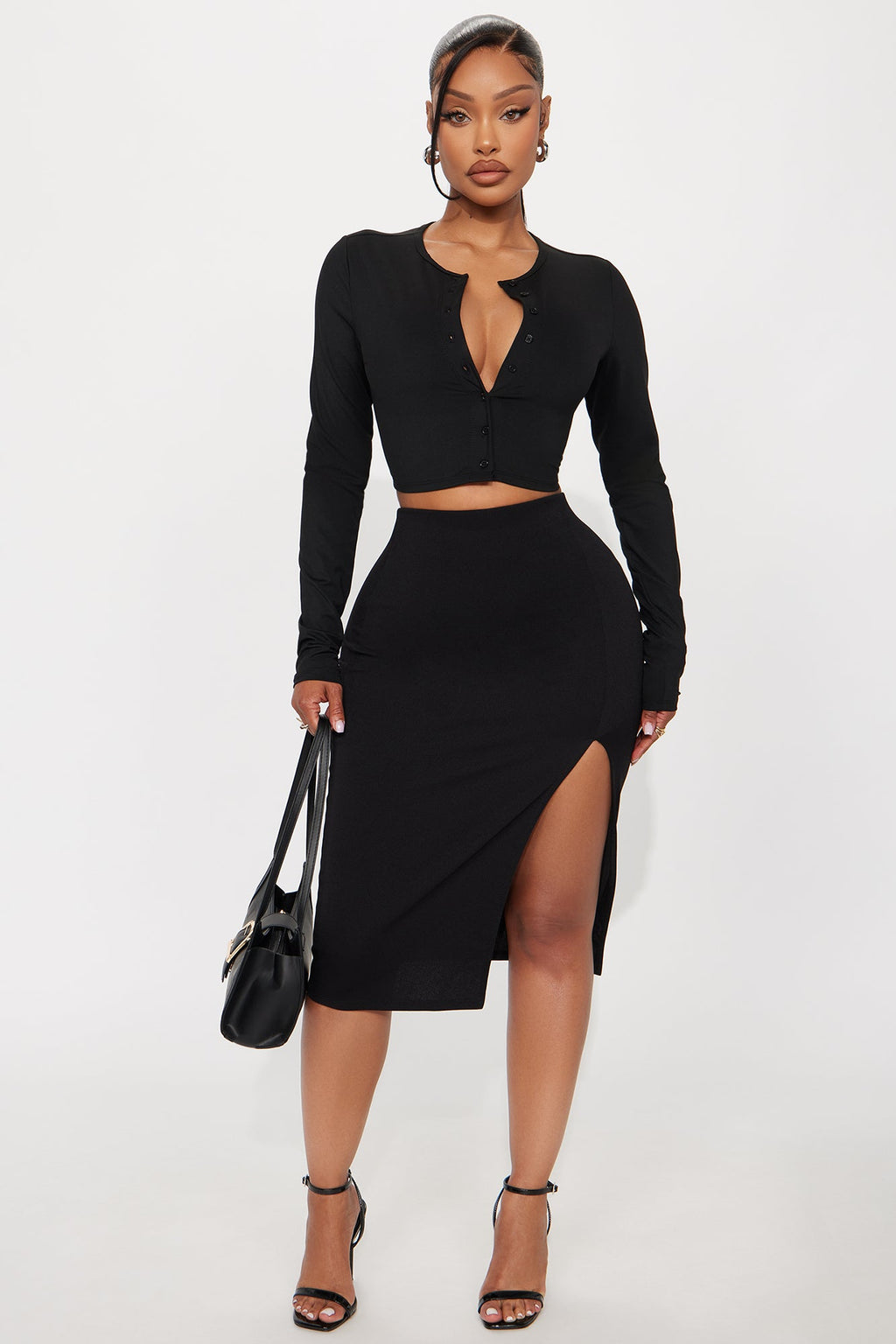 Elle Twill High Slit Midi Skirt - Black