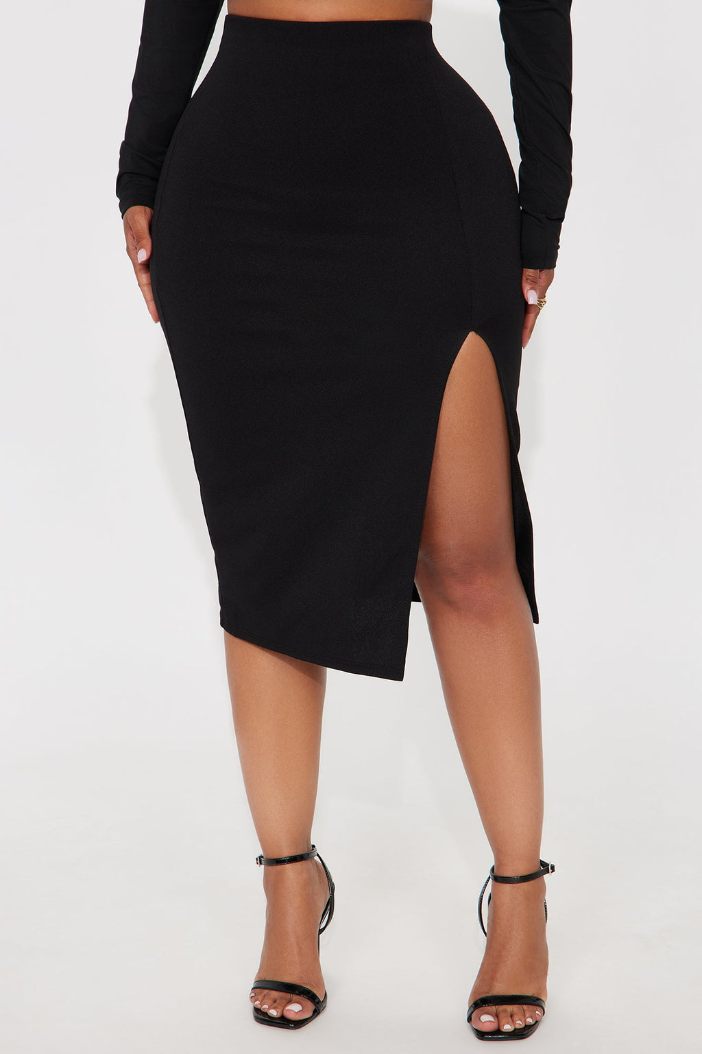 Elle Twill High Slit Midi Skirt - Black