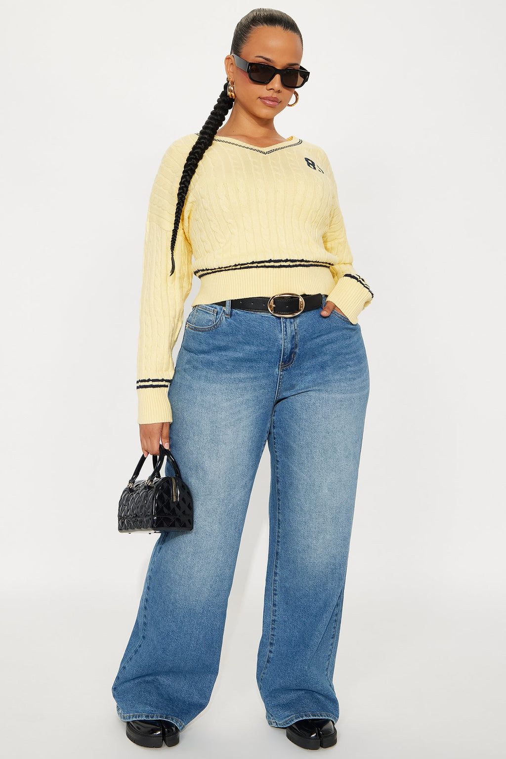 82 Varsity Cable Knit Pullover Sweater - Butter Yellow