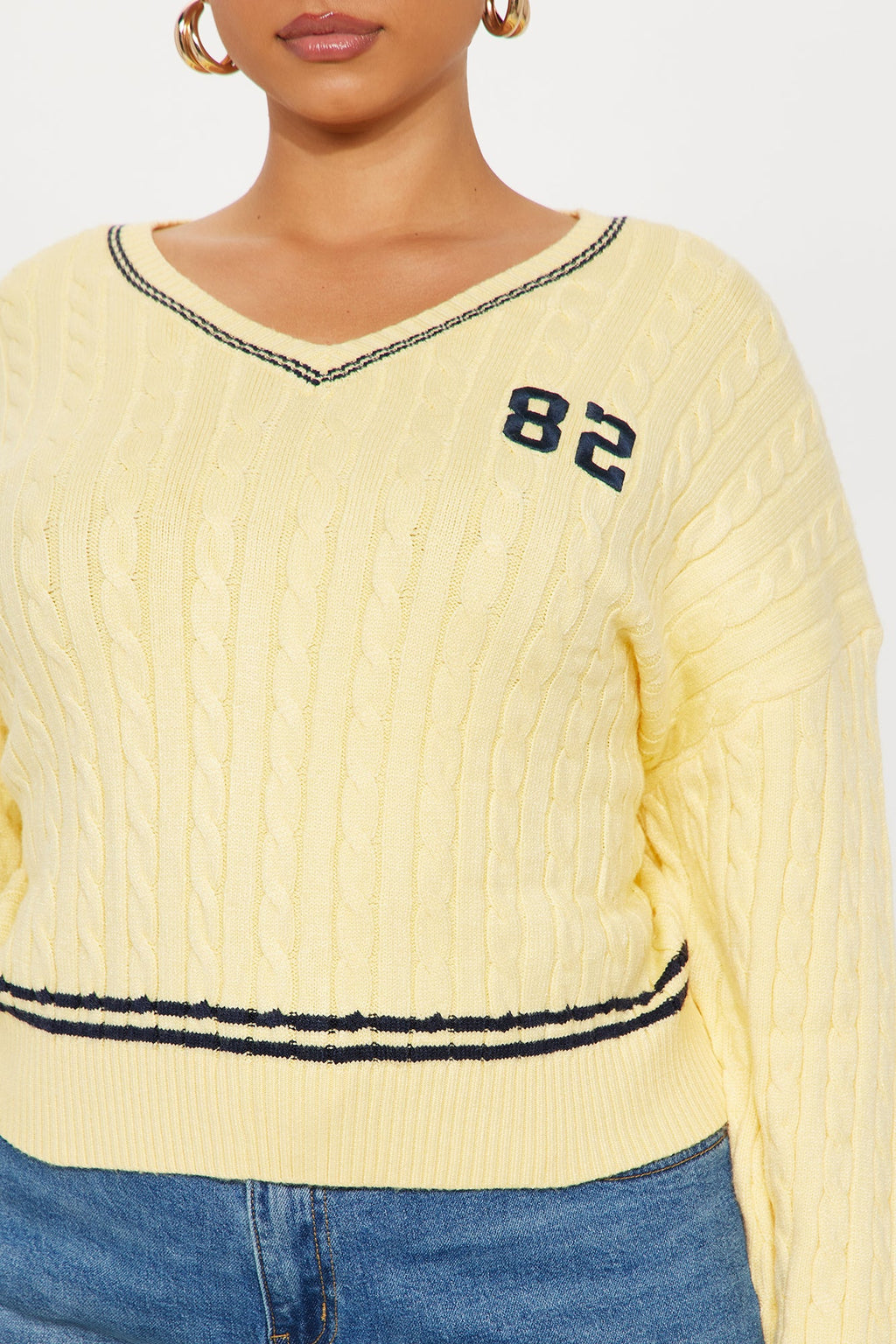 82 Varsity Cable Knit Pullover Sweater - Butter Yellow