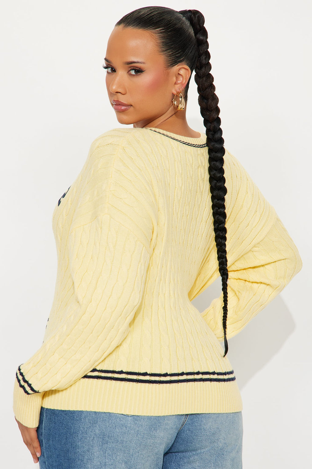 82 Varsity Cable Knit Pullover Sweater - Butter Yellow