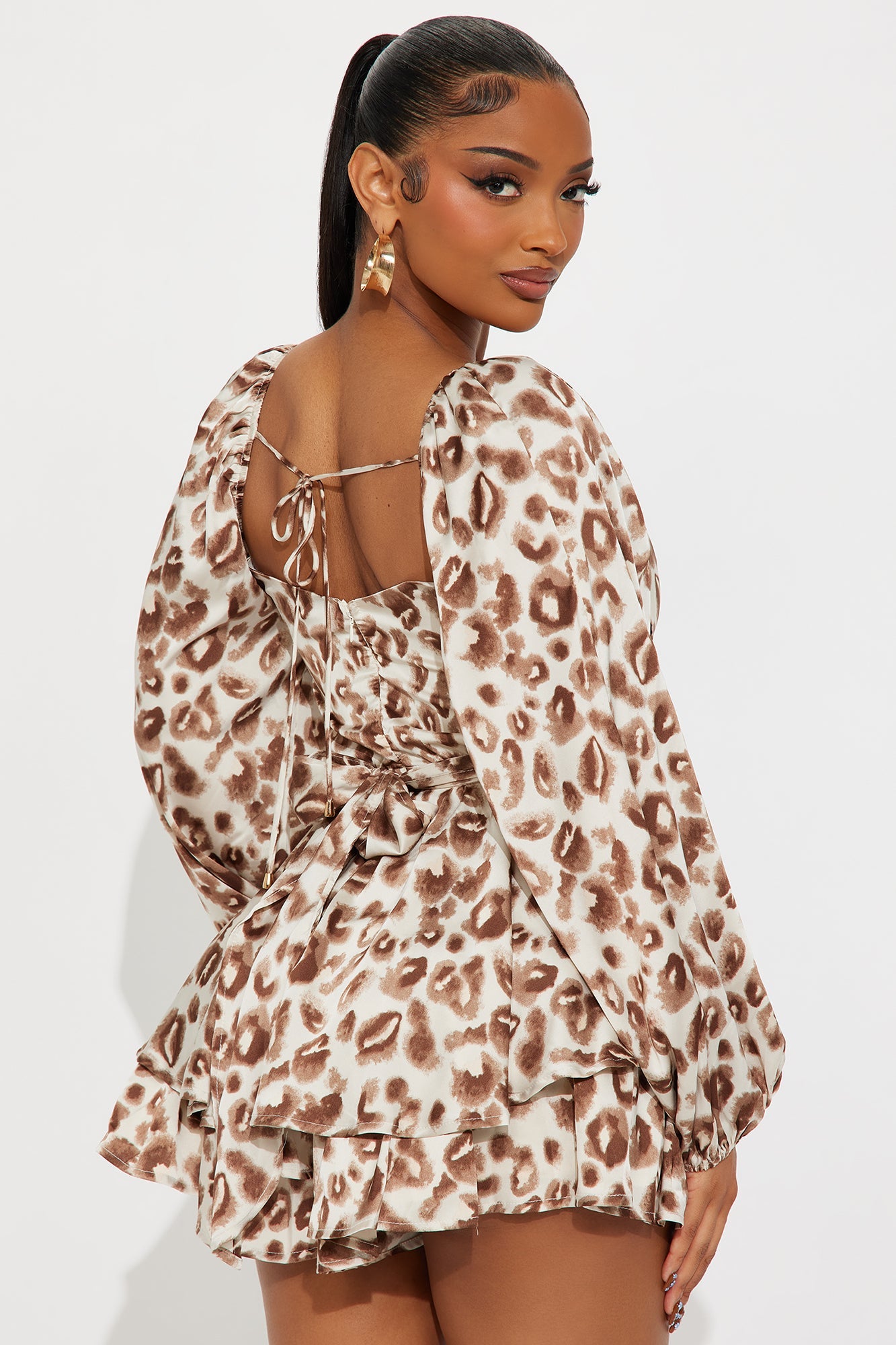 Circle Back To Me Leopard Satin Romper - Brown/combo
