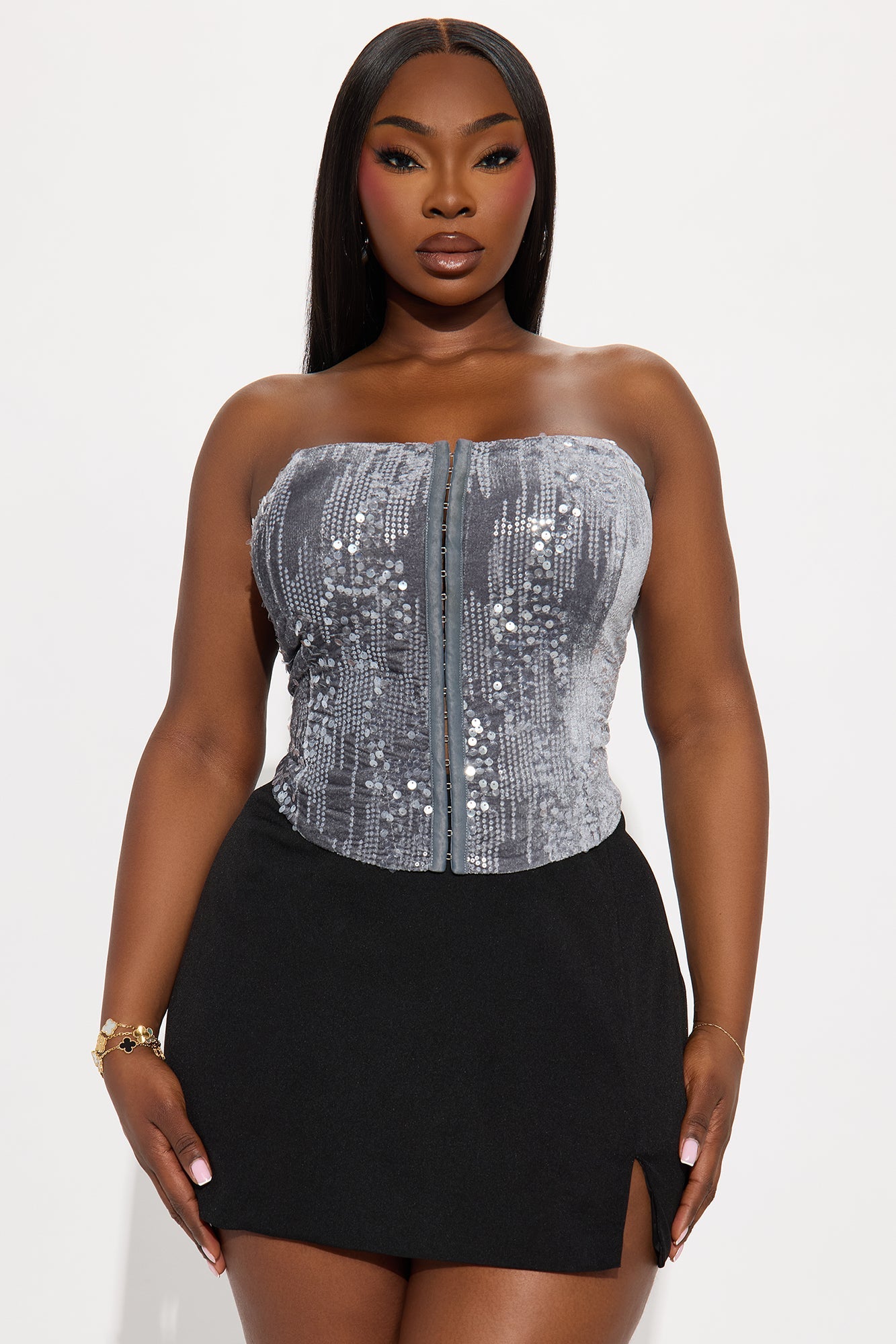 A Splash Of Wild Velvet Sequin Corset Top - Grey