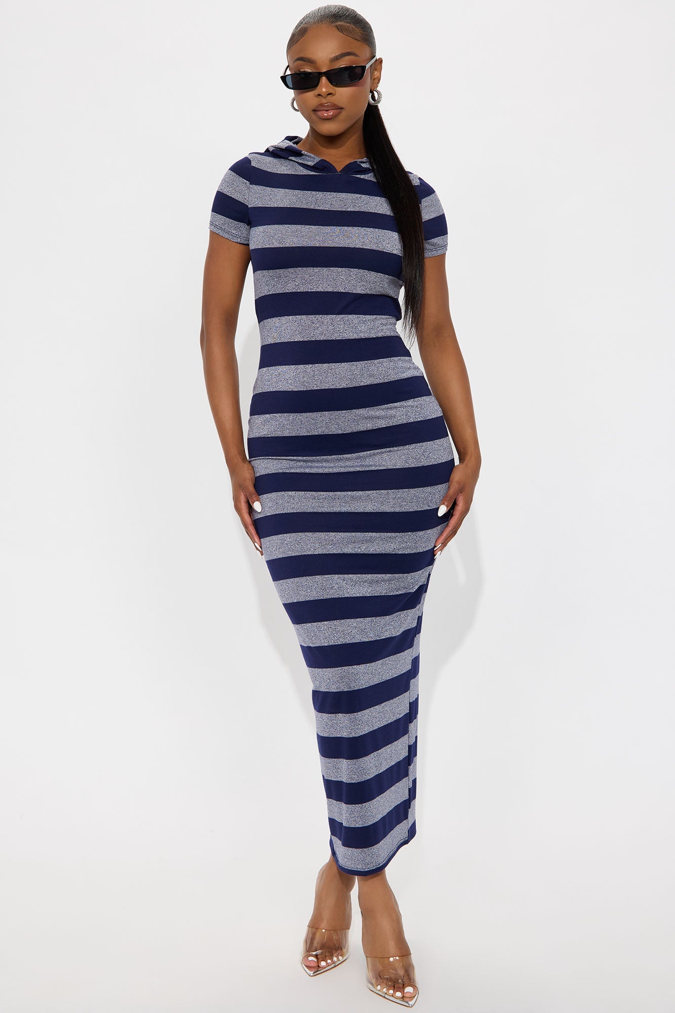 Alexa Striped Hooded Maxi Dress - Navy