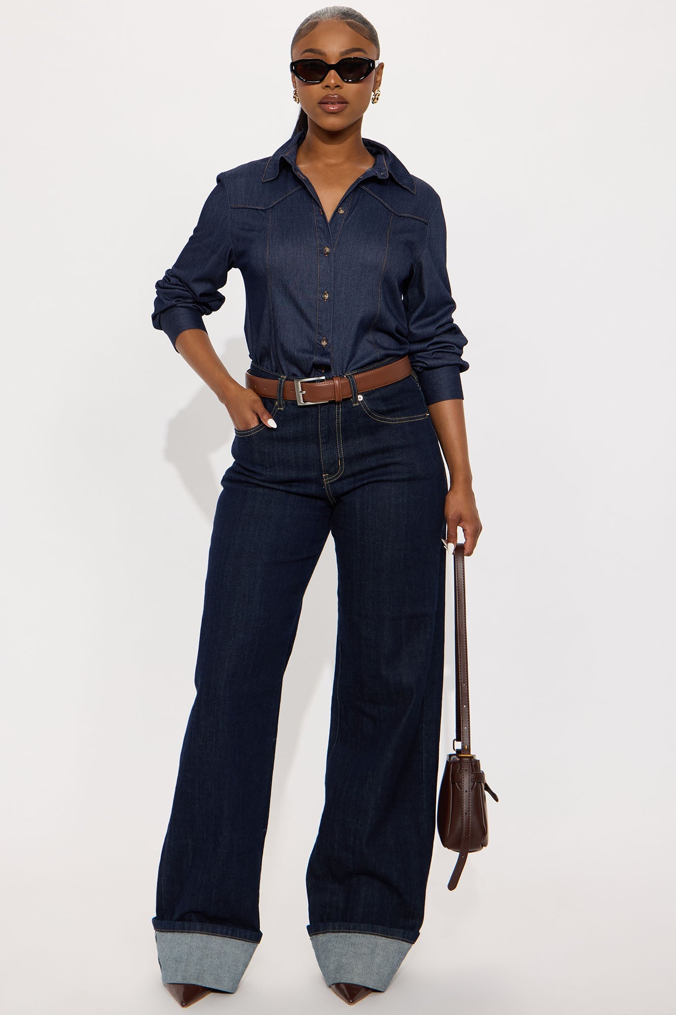 Melody Long Sleeve Button Up Denim Shirt - Dark Denim
