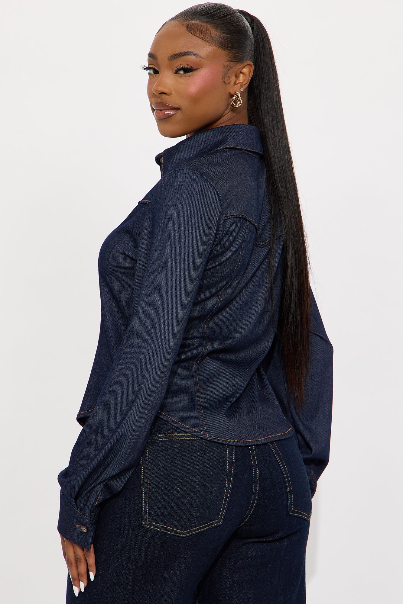 Melody Long Sleeve Button Up Denim Shirt - Dark Denim