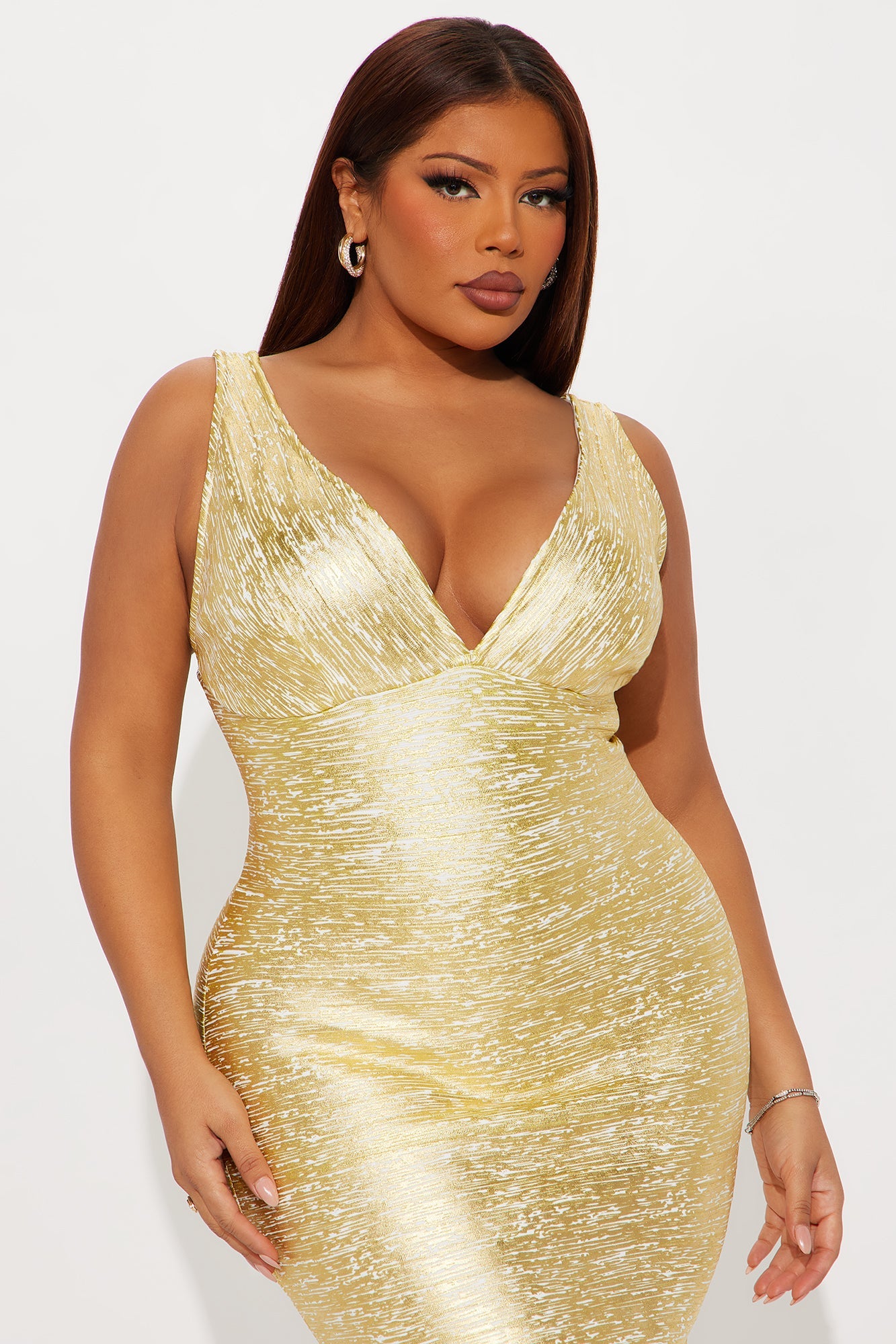 Alina Allure Metallic Bandage Midi Dress - White/Gold