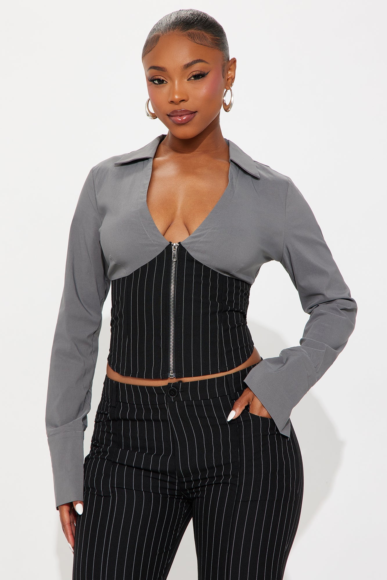Salma Pinstripe Flare Leg Pant Set - Black/combo 
