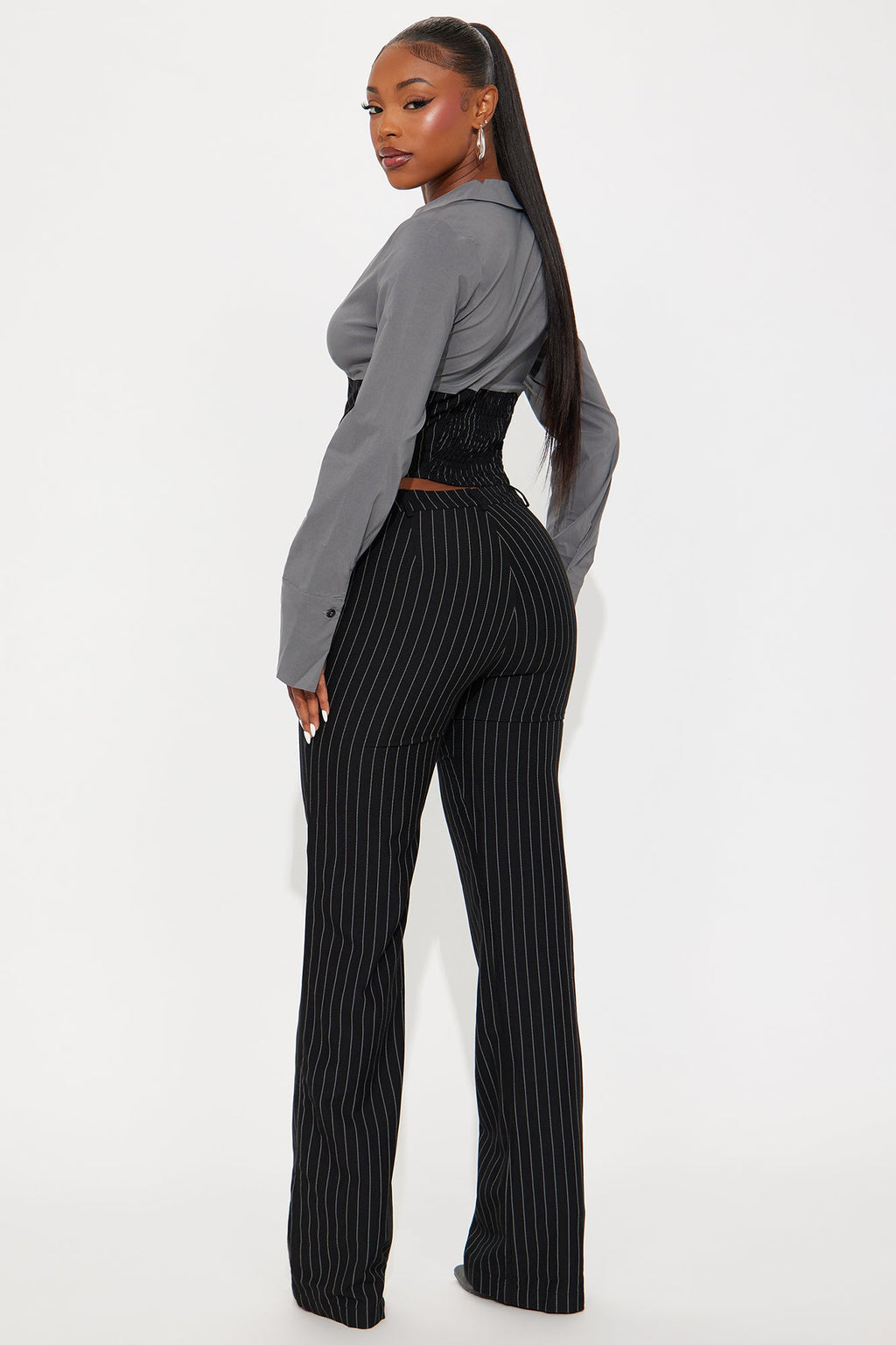 Salma Pinstripe Flare Leg Pant Set - Black/combo 