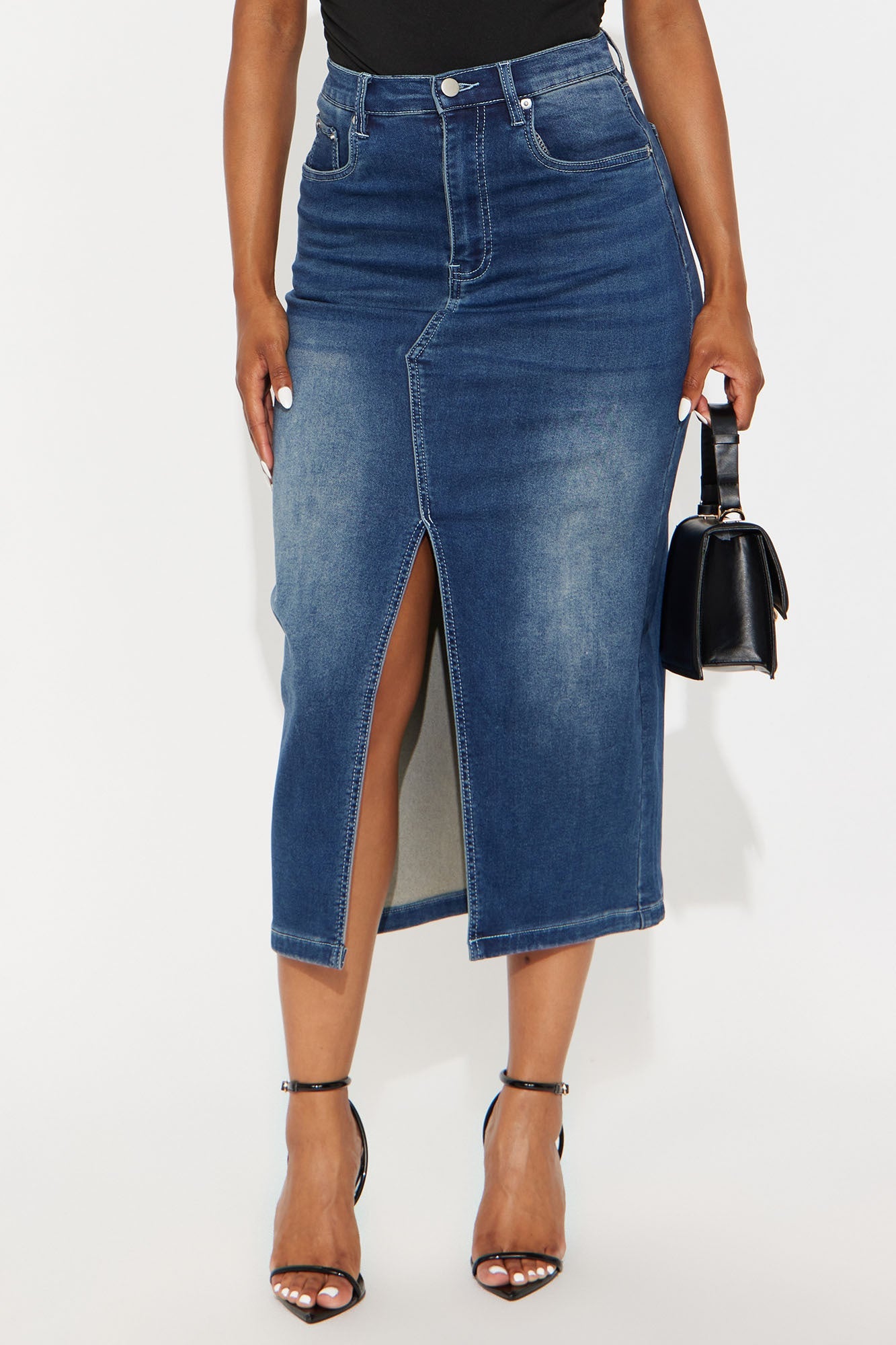 Kelly French Terry Denim Midi Skirt - Medium Wash