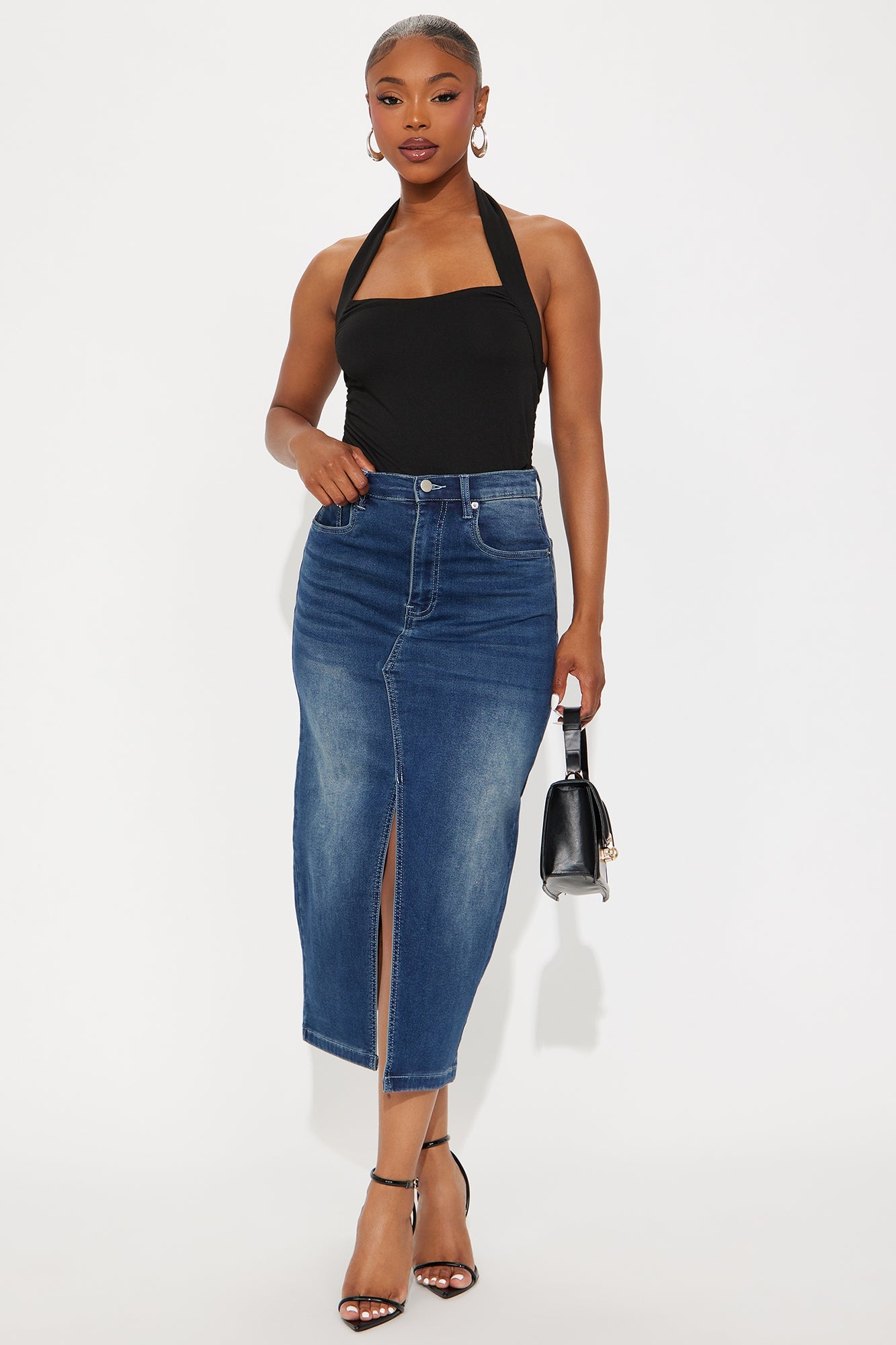 Kelly French Terry Denim Midi Skirt - Medium Wash