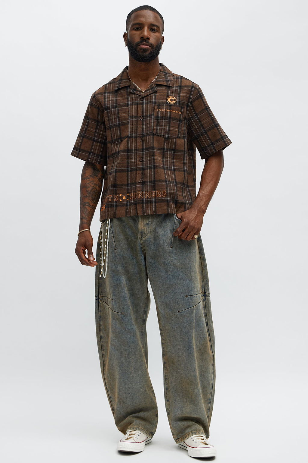 Culture Plaid Cropped Button Up Shirt - Brown