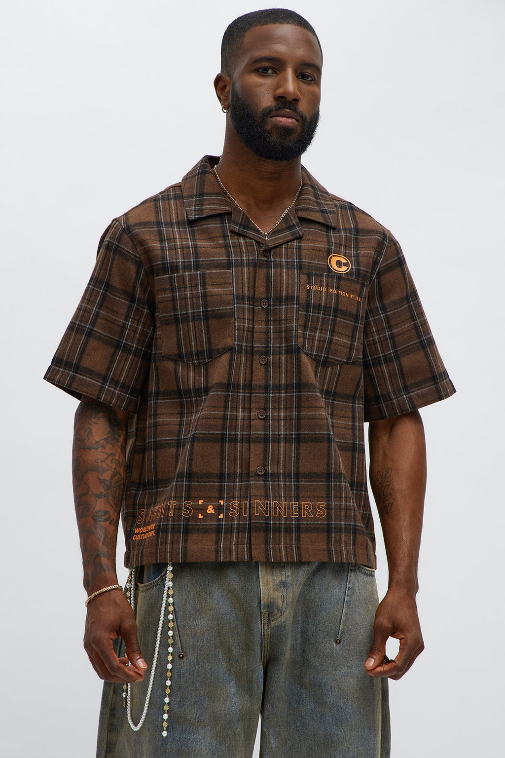 Culture Plaid Cropped Button Up Shirt - Brown