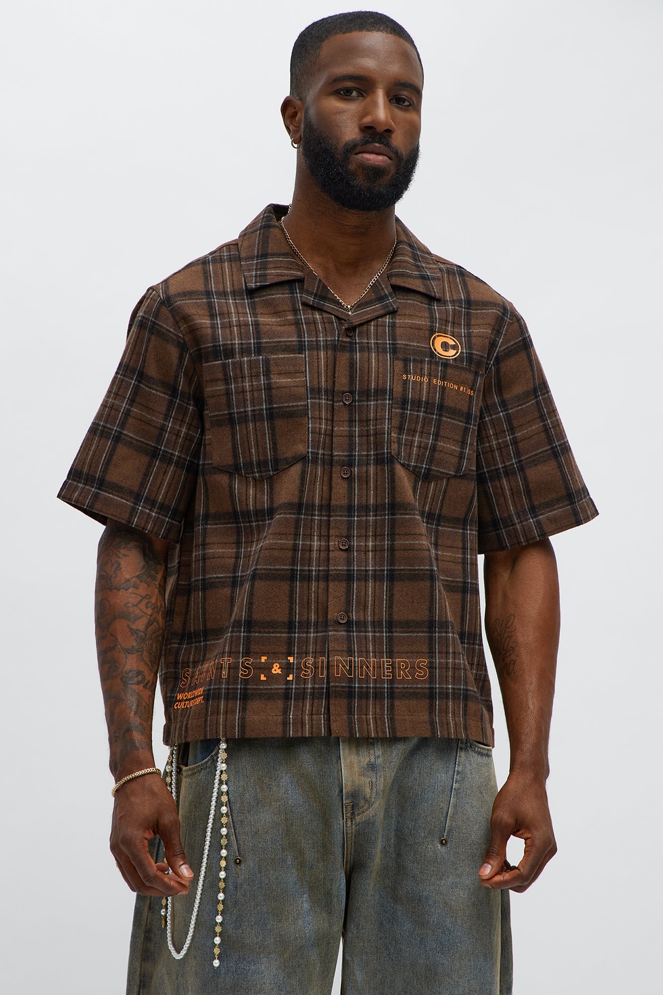 Culture Plaid Cropped Button Up Shirt - Brown