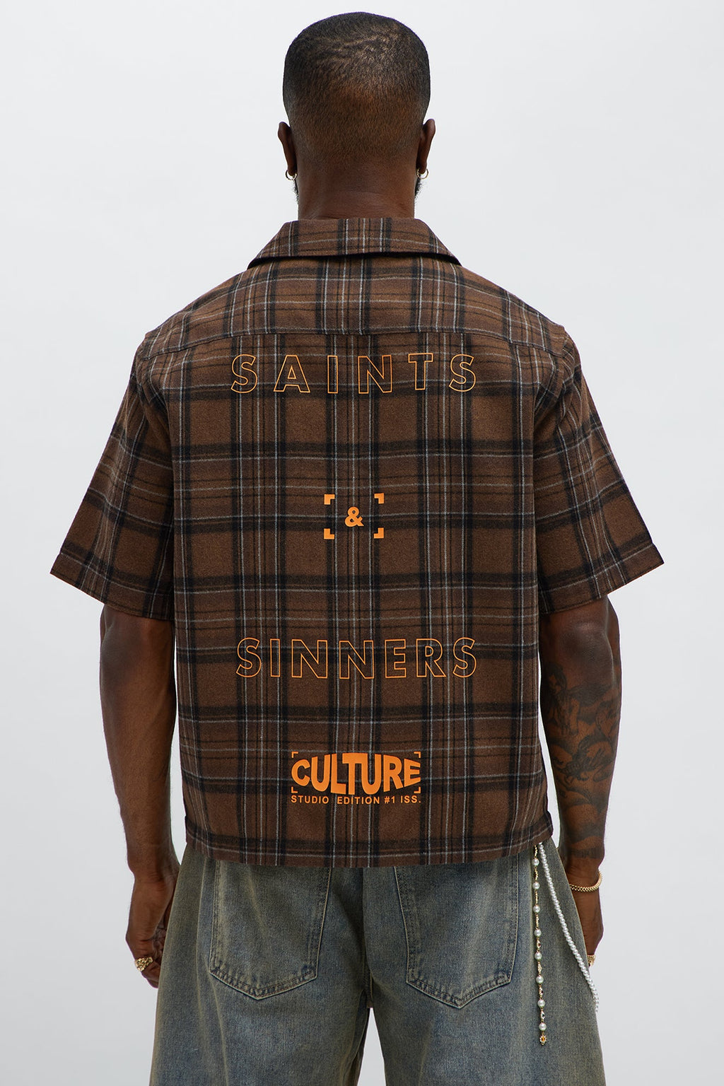 Culture Plaid Cropped Button Up Shirt - Brown