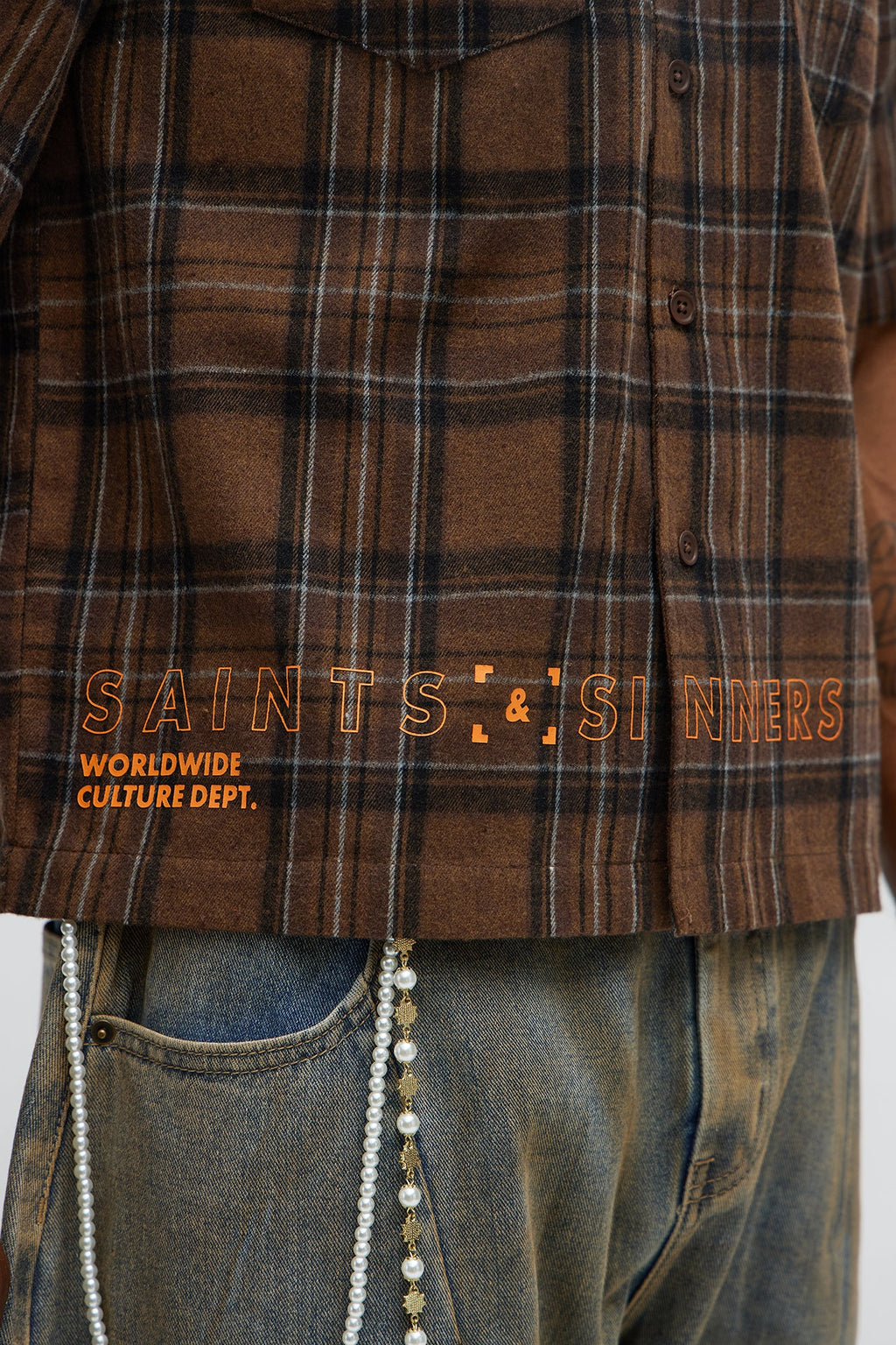 Culture Plaid Cropped Button Up Shirt - Brown