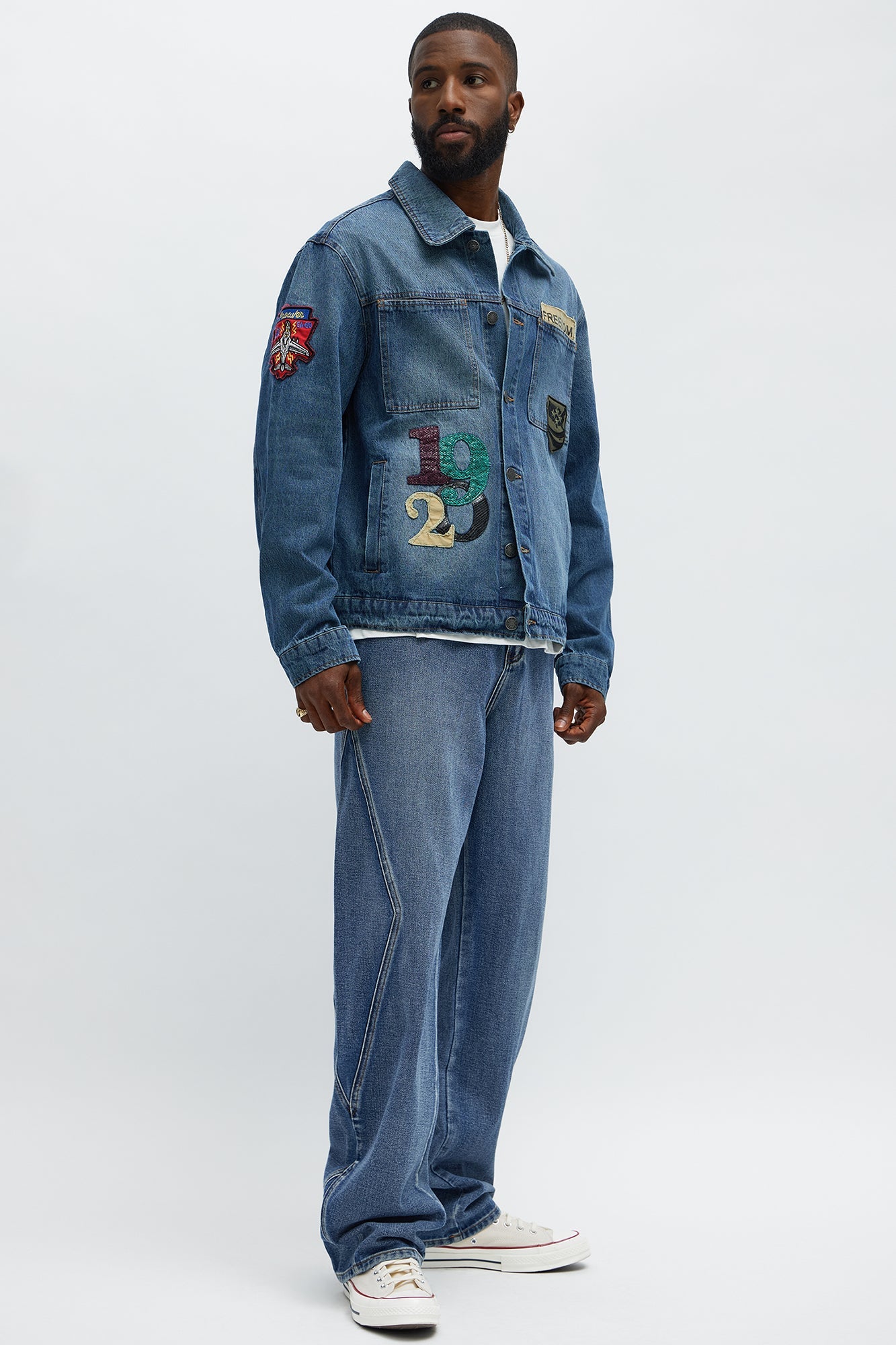 Baggy Faded Paneled Jeans - Medium Blue Wash
