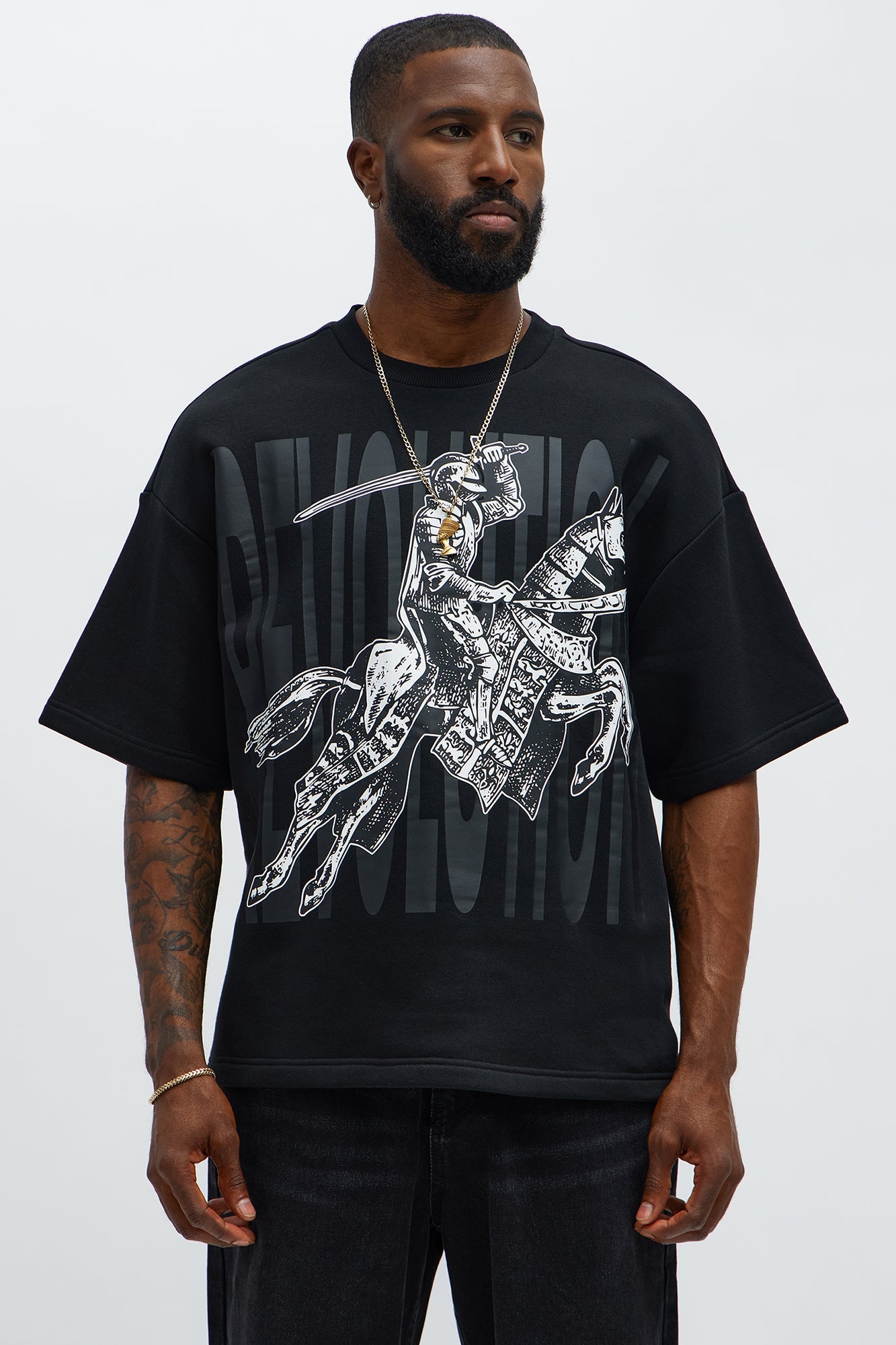 Tyson Oversized Crusader Printed Short Sleeve Tee - Black