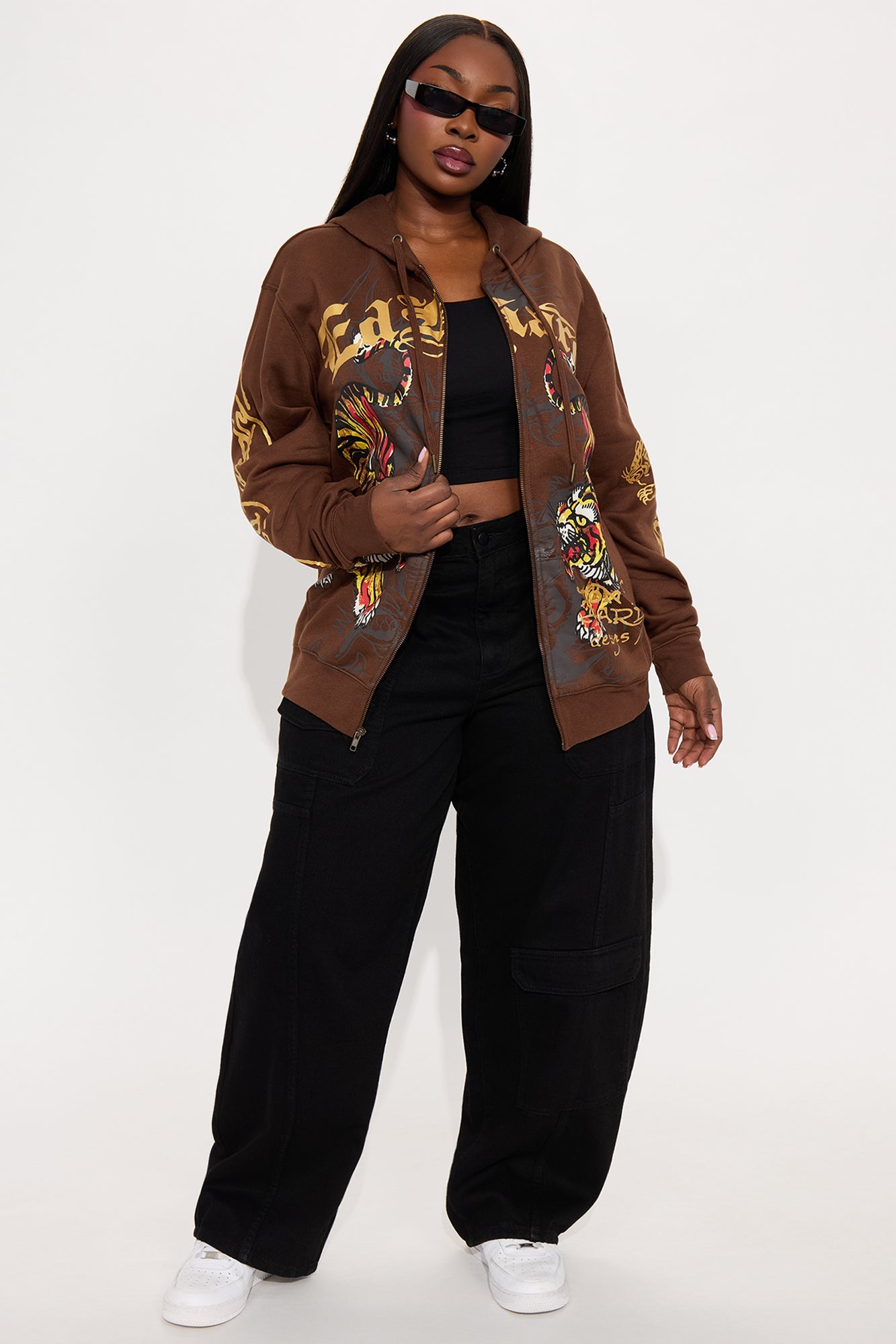 Ed Hardy Double Take Tiger Zip Up Hoodie - Brown