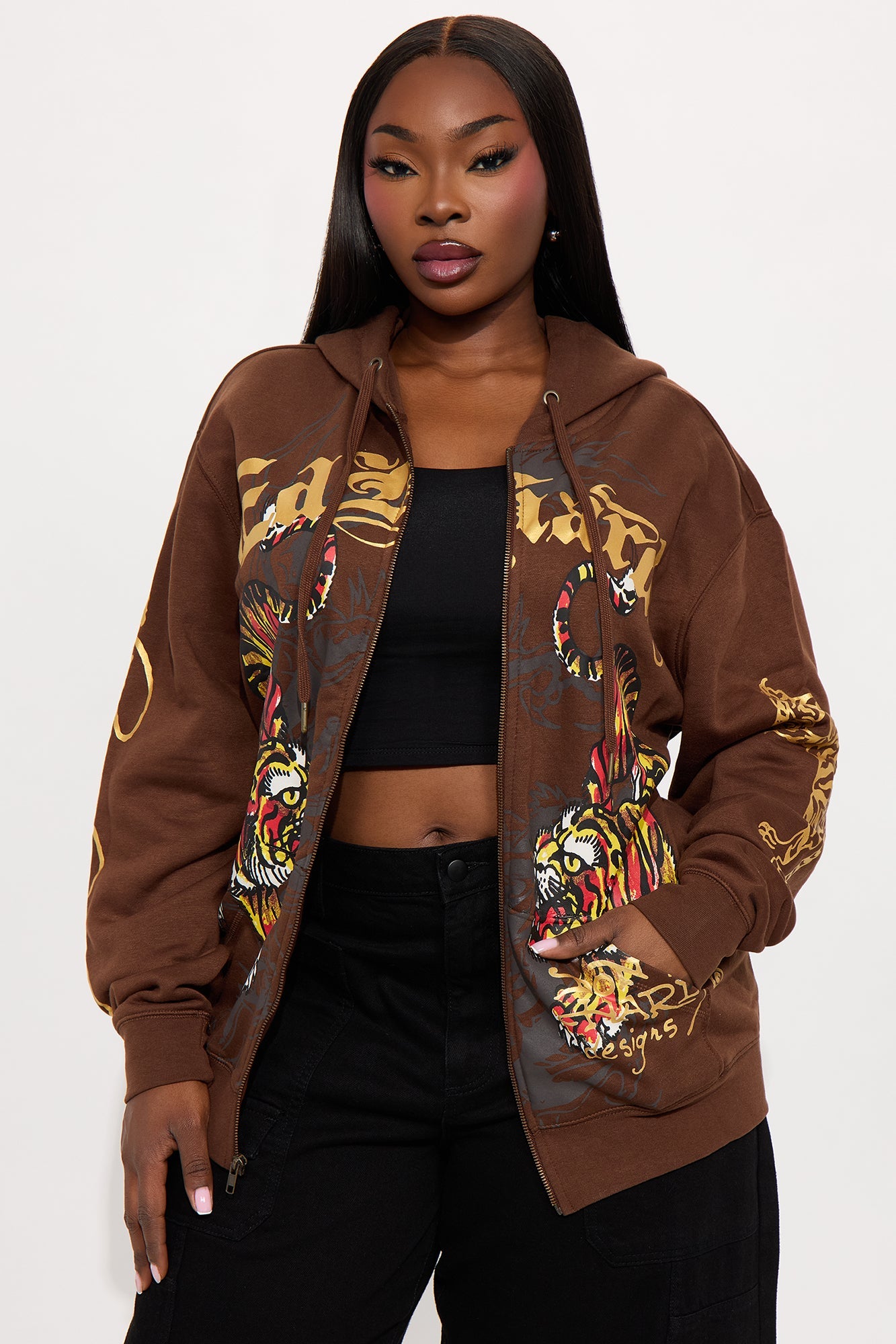 Ed Hardy Double Take Tiger Zip Up Hoodie - Brown