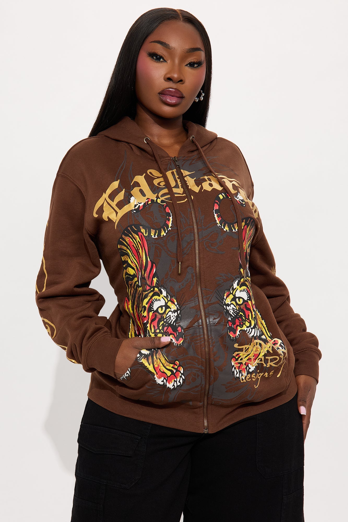 Ed Hardy Double Take Tiger Zip Up Hoodie - Brown