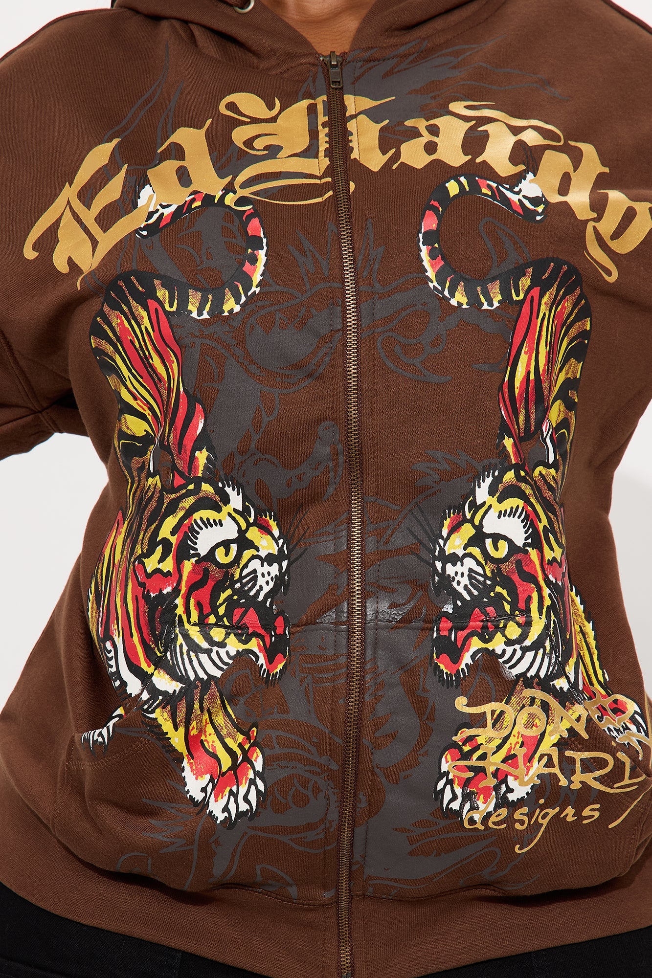 Ed Hardy Double Take Tiger Zip Up Hoodie - Brown