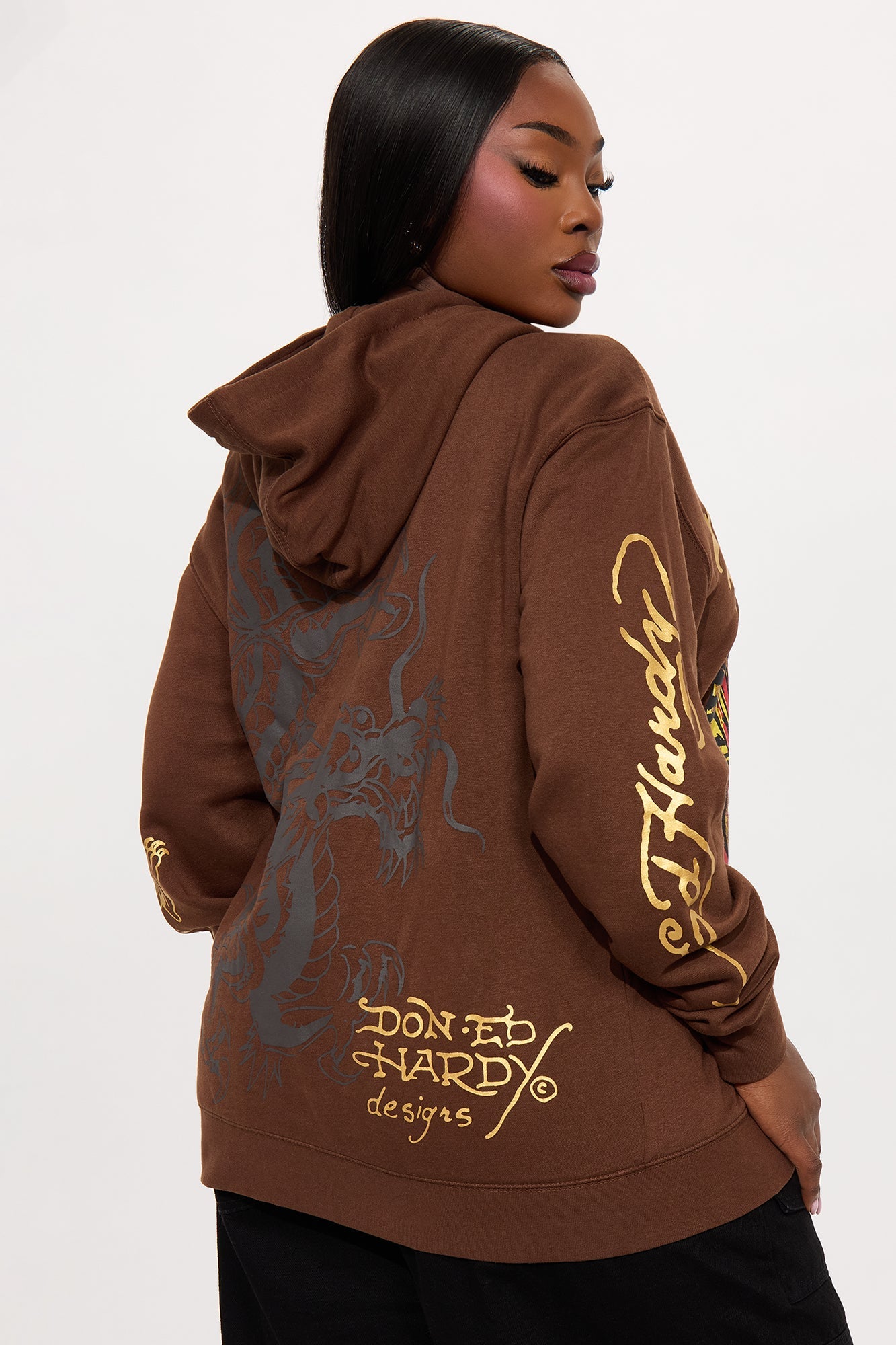 Ed Hardy Double Take Tiger Zip Up Hoodie - Brown