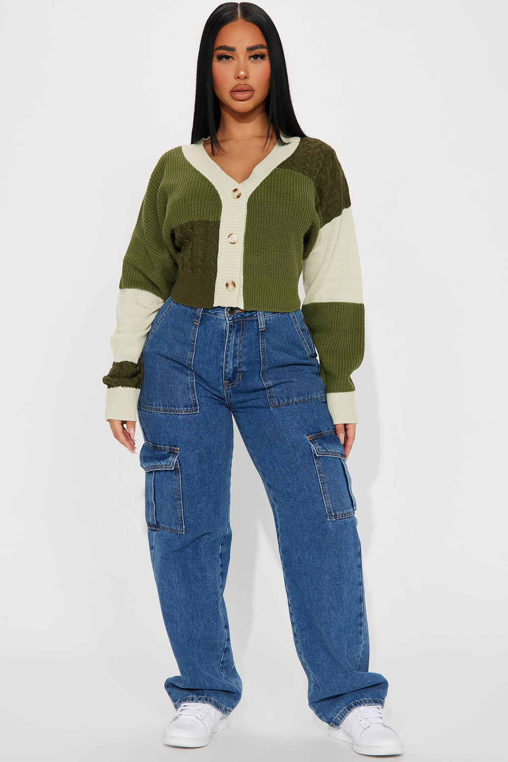 Good Form Cropped Color Block Sweater - Olive/combo