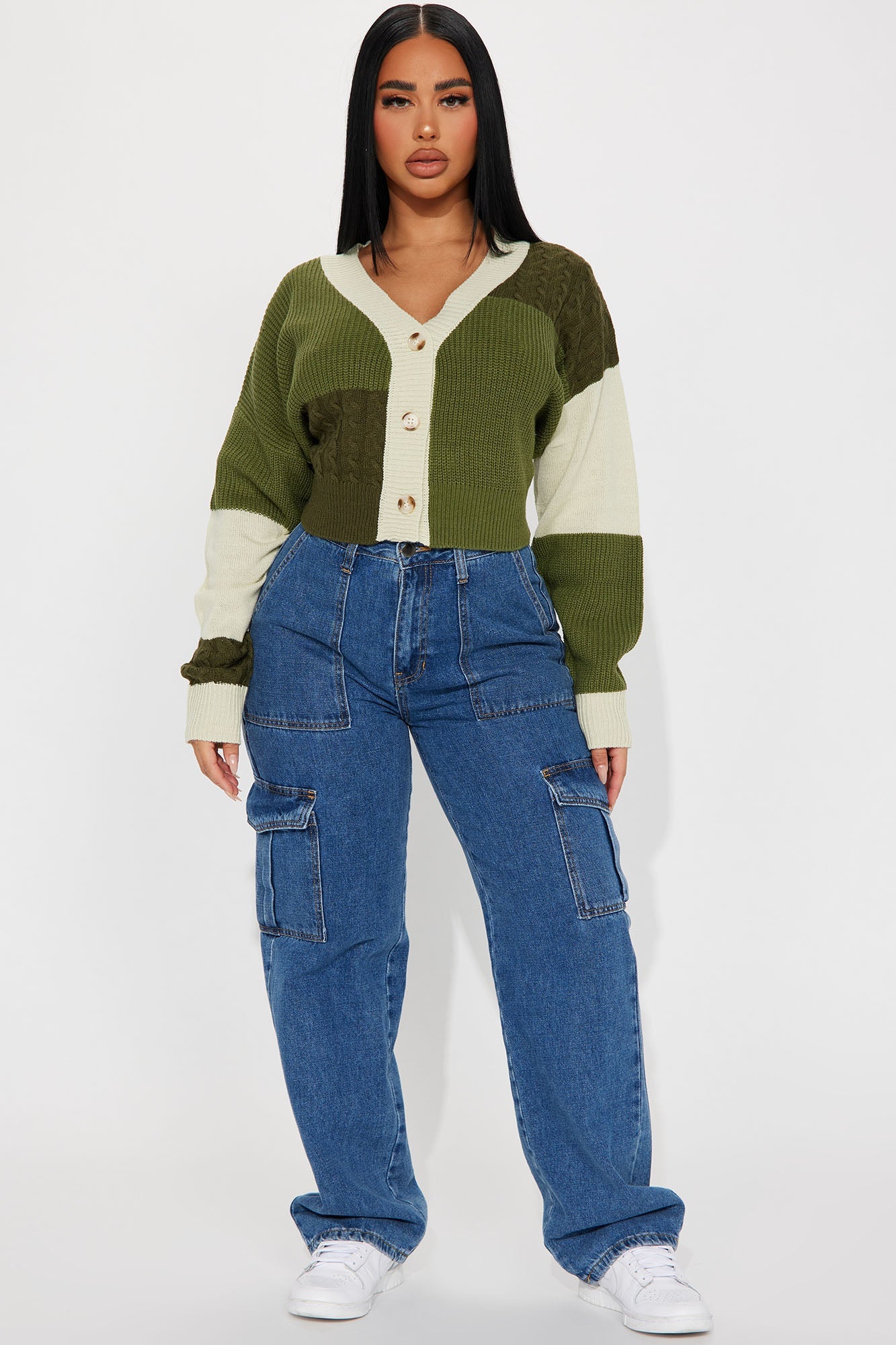 Good Form Cropped Color Block Sweater - Olive/combo