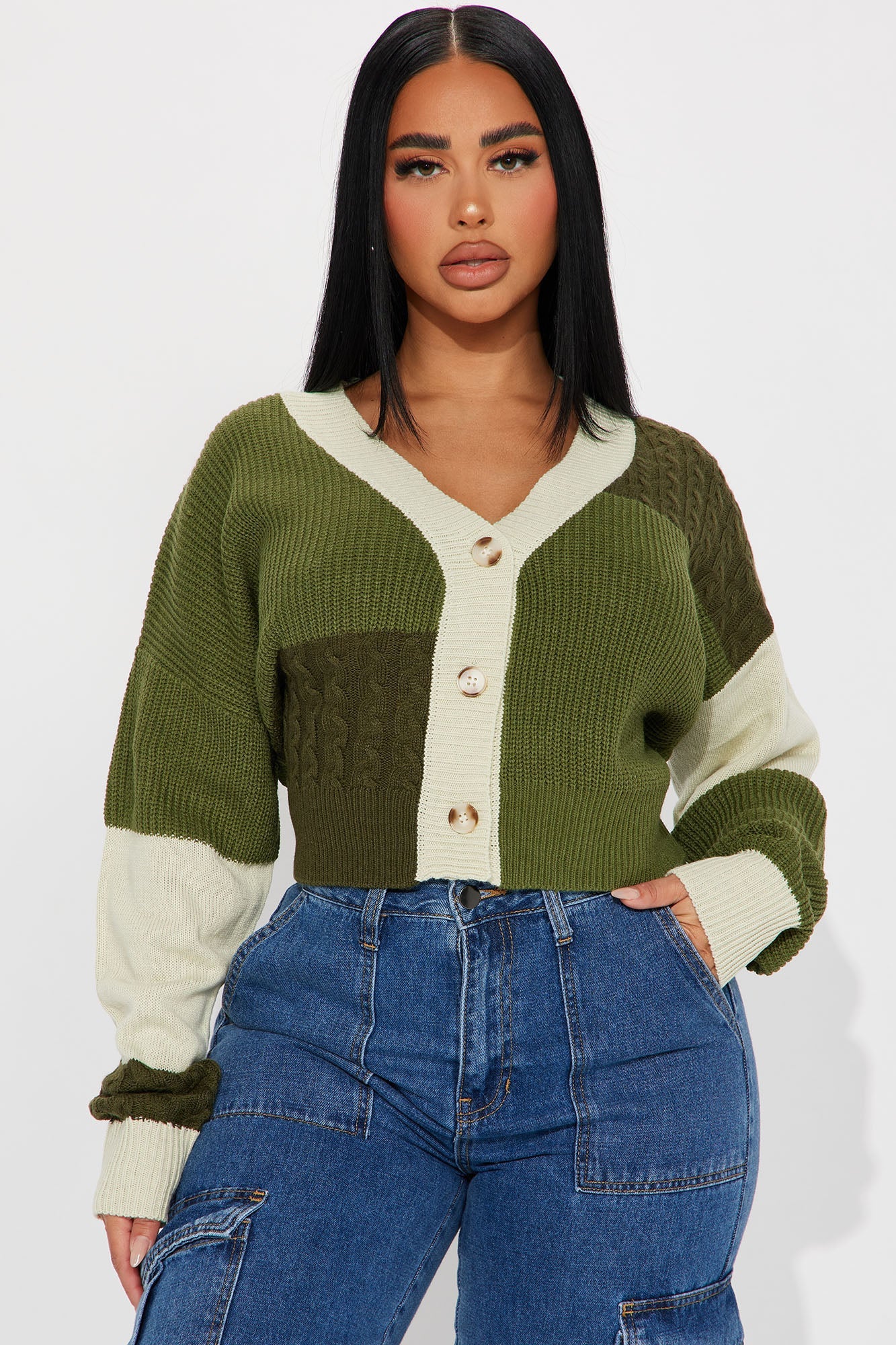 Good Form Cropped Color Block Sweater - Olive/combo