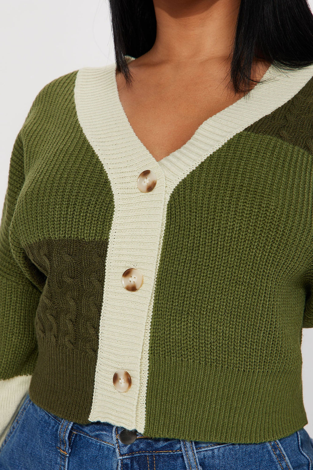 Good Form Cropped Color Block Sweater - Olive/combo