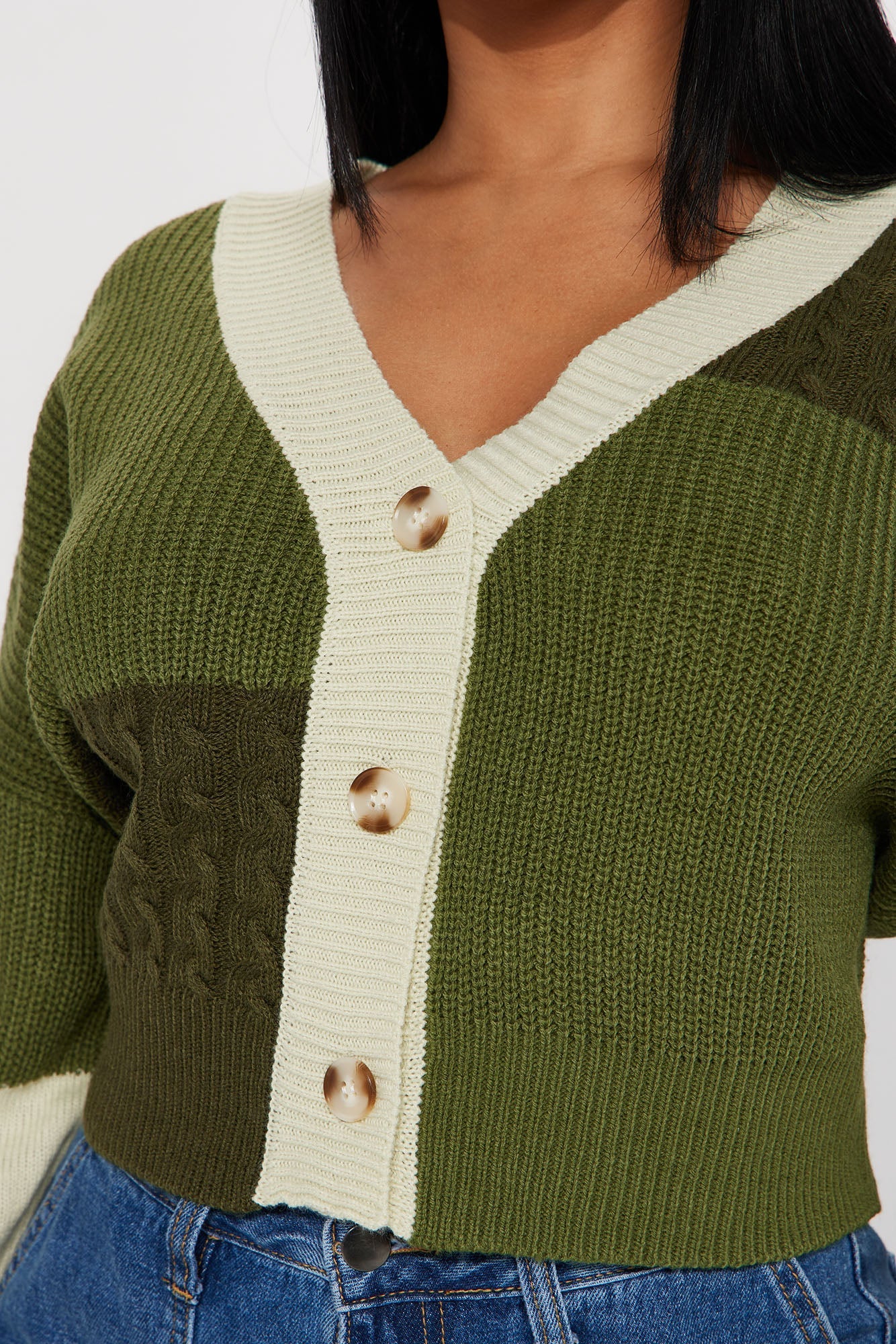 Good Form Cropped Color Block Sweater - Olive/combo