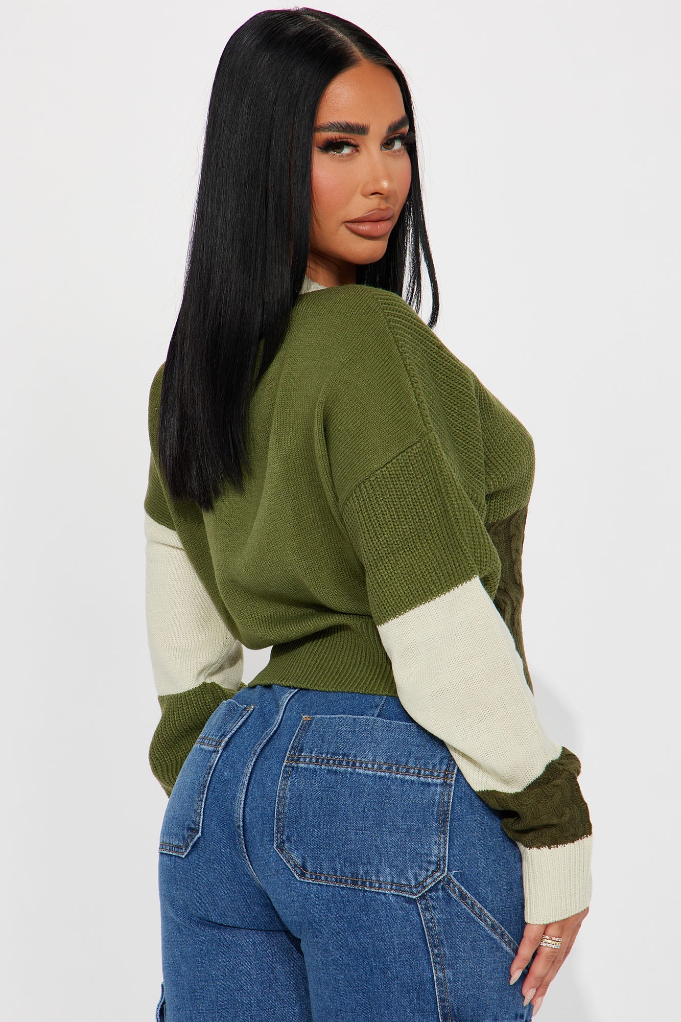 Good Form Cropped Color Block Sweater - Olive/combo