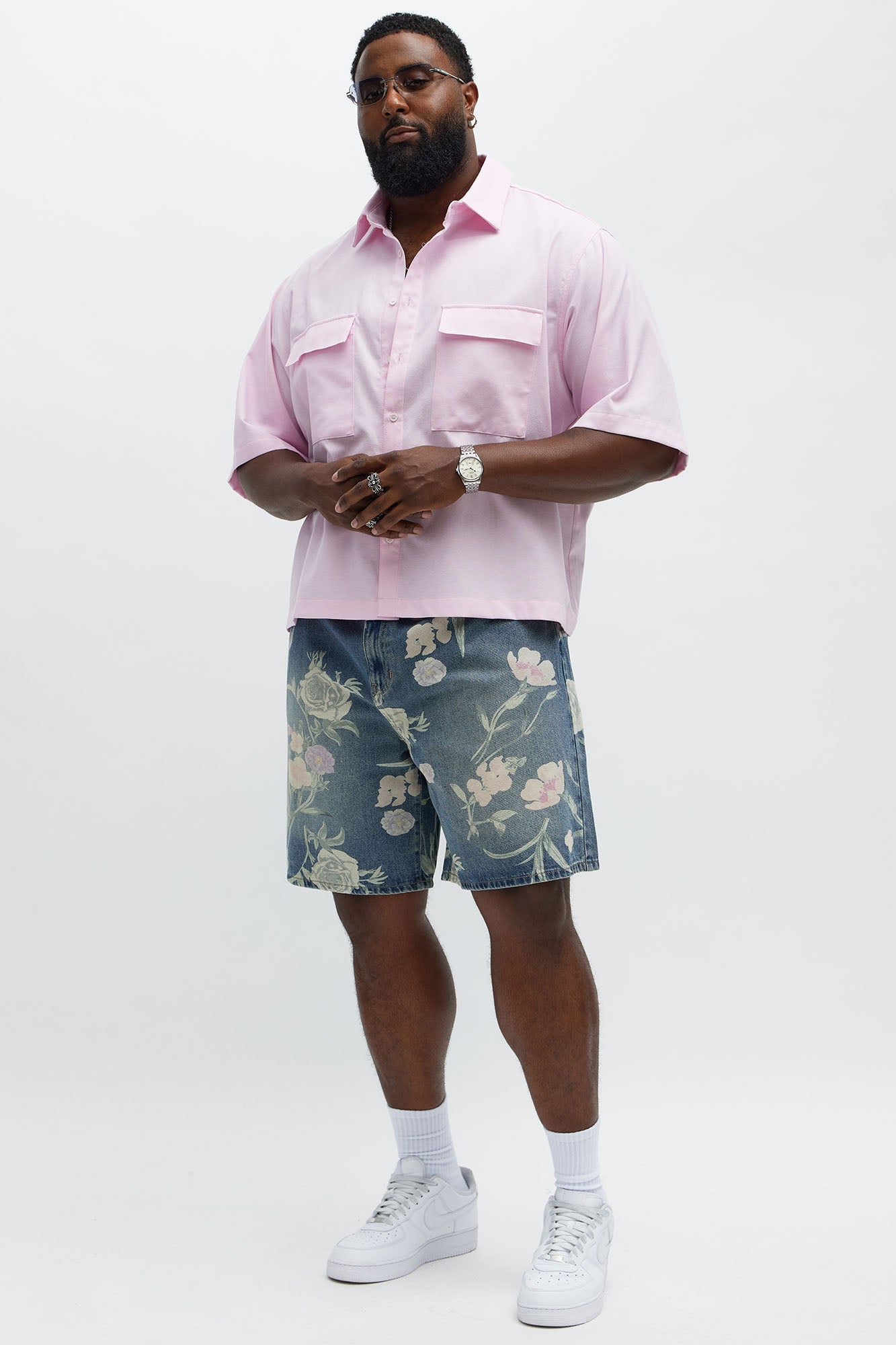 Relaxed Fallen Roses Denim Shorts - Medium Blue Wash