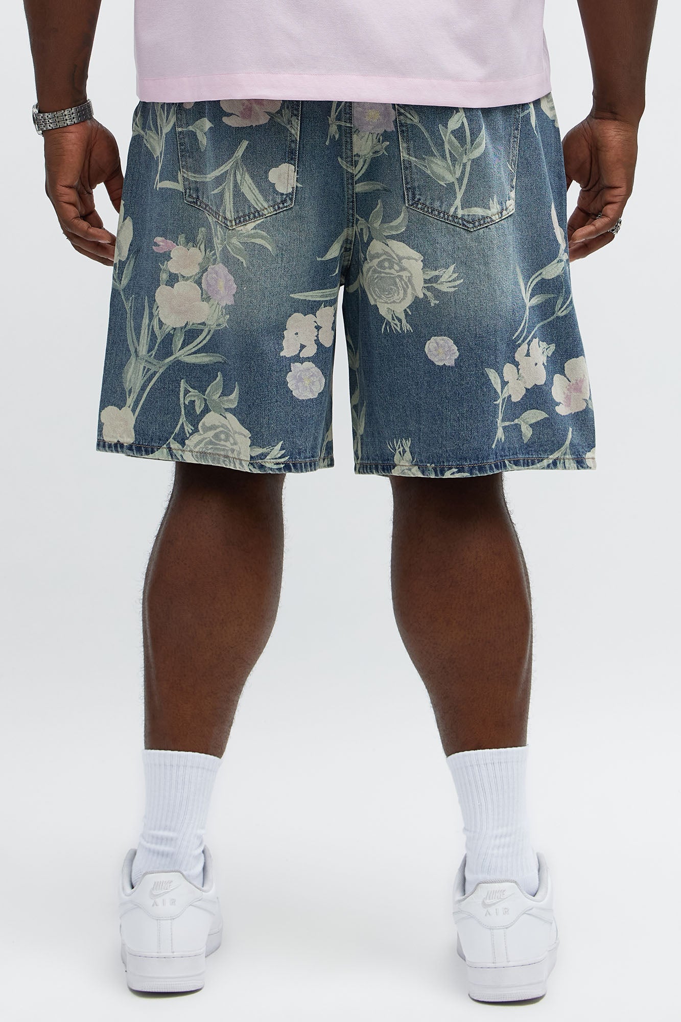 Relaxed Fallen Roses Denim Shorts - Medium Blue Wash