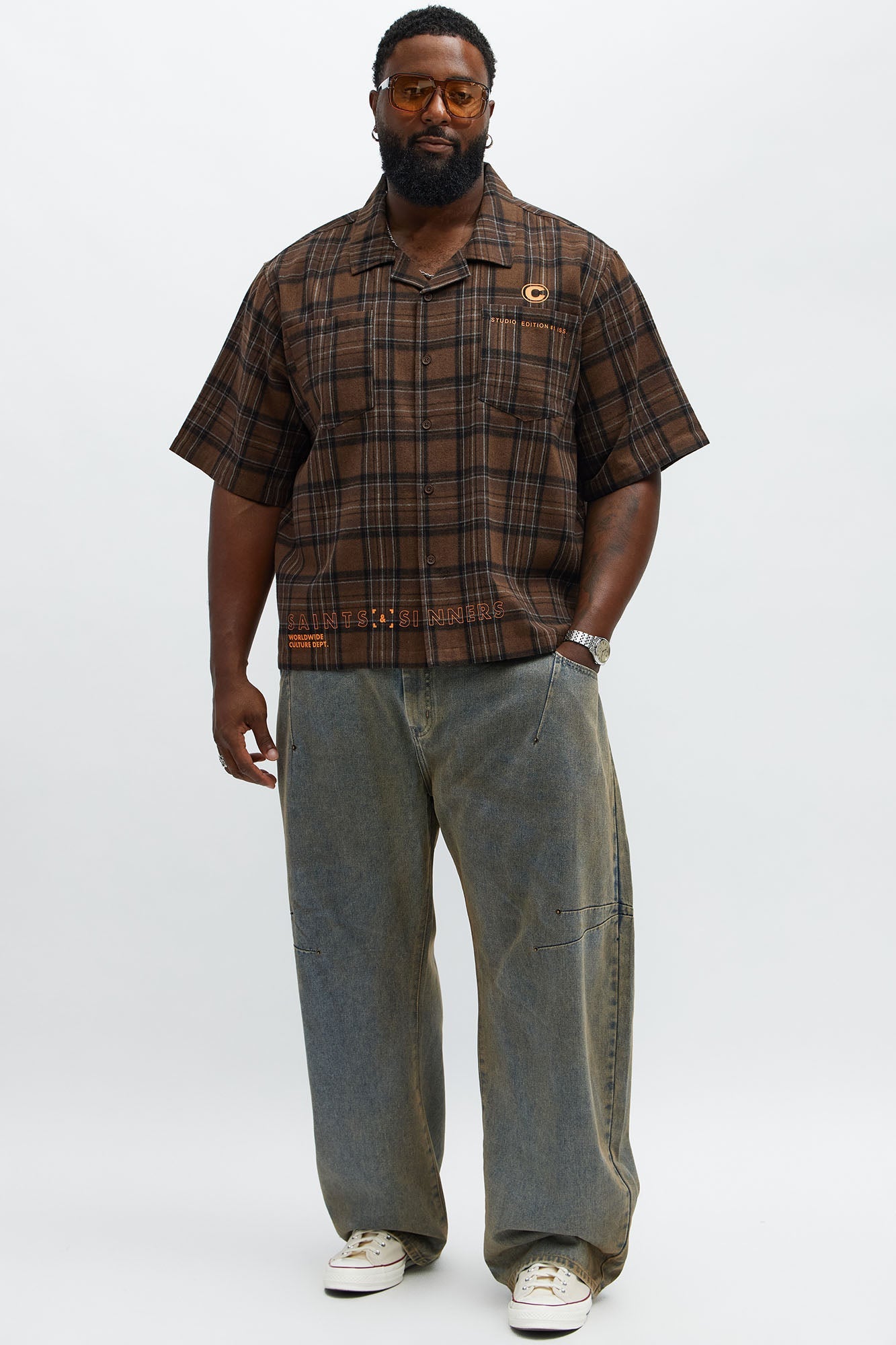 Culture Plaid Cropped Button Up Shirt - Brown