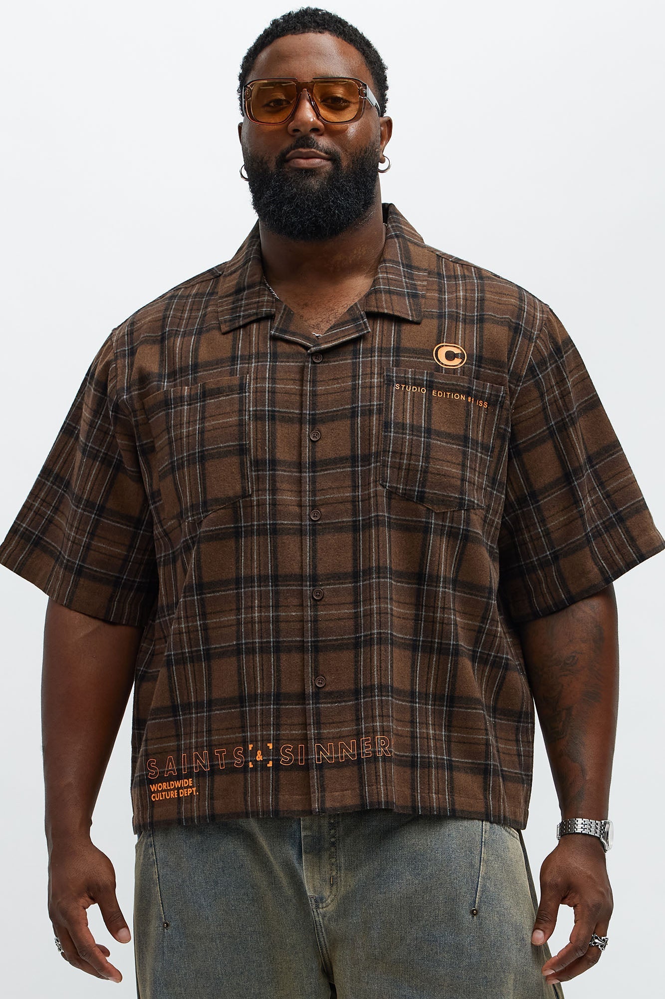 Culture Plaid Cropped Button Up Shirt - Brown