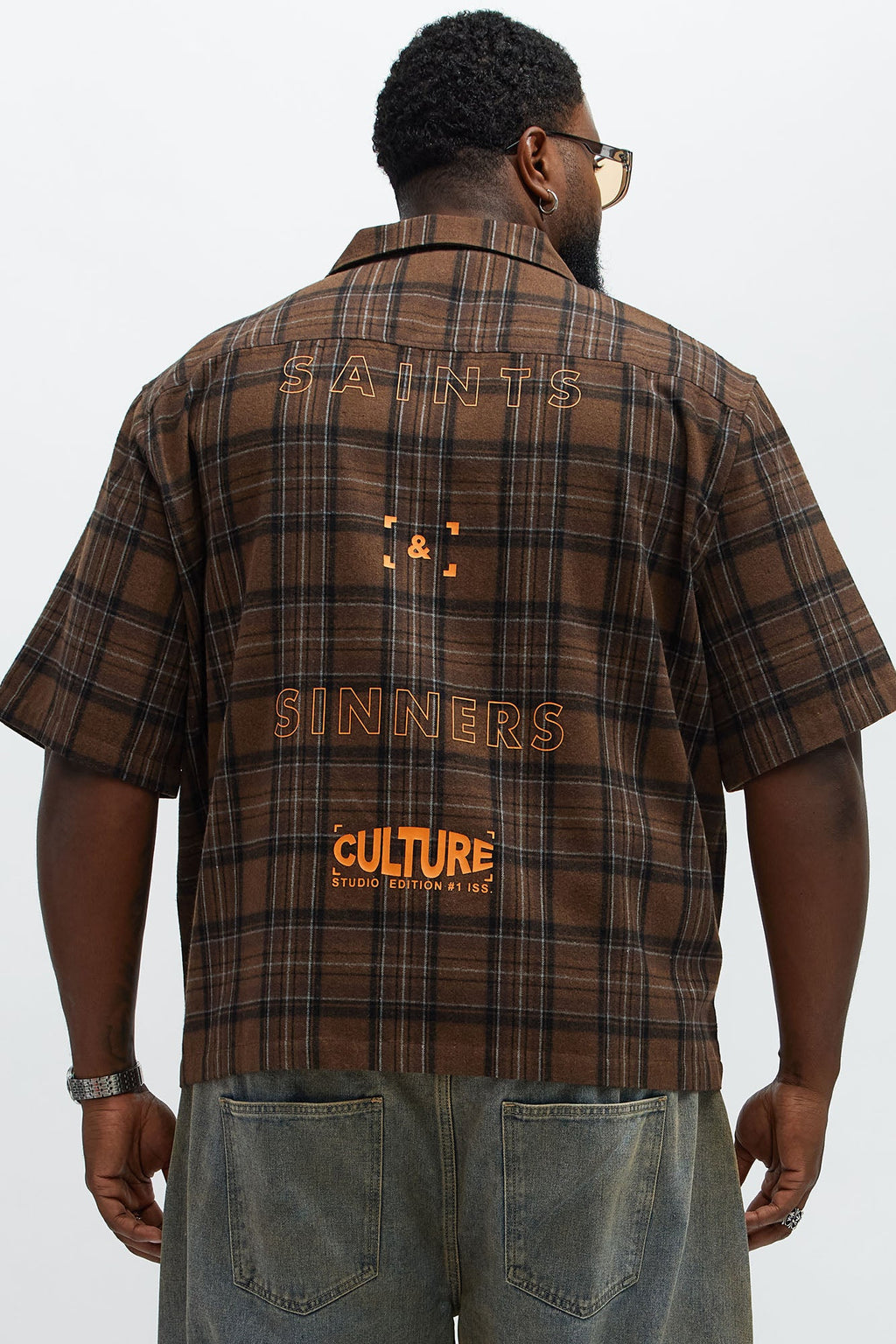 Culture Plaid Cropped Button Up Shirt - Brown