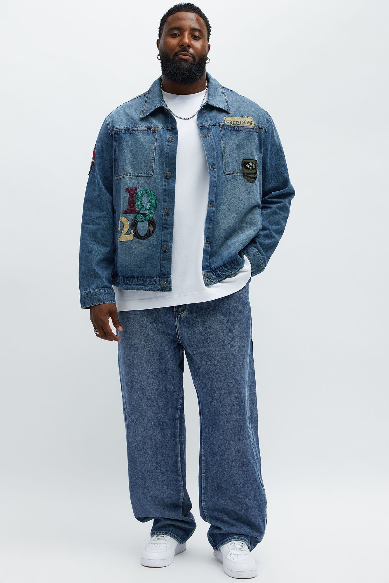 Baggy Faded Paneled Jeans - Medium Blue Wash